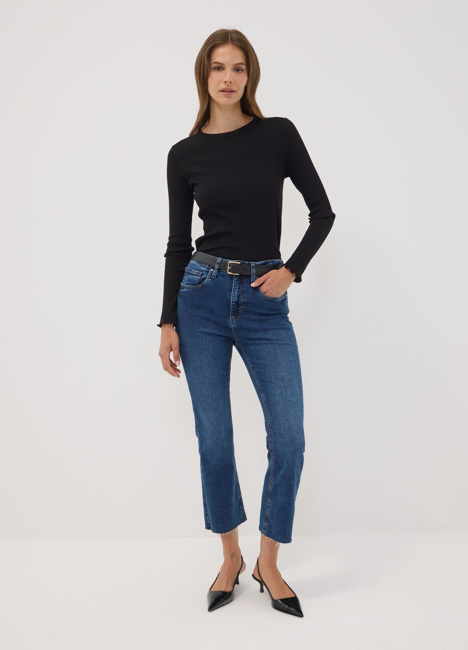 Blue stretch cotton denim flare jeans