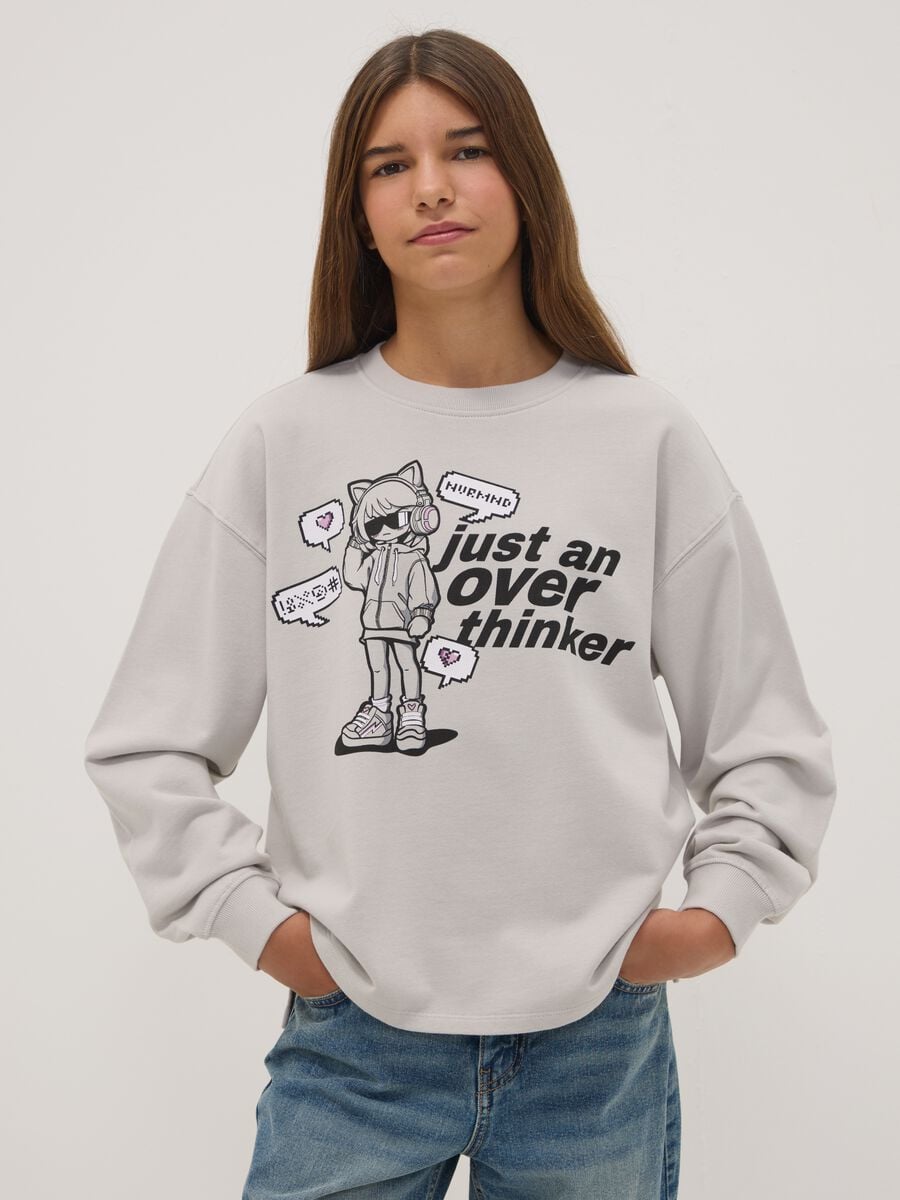 Grey pure cotton sweatshirt with ribbed neckline and print for girls_1
