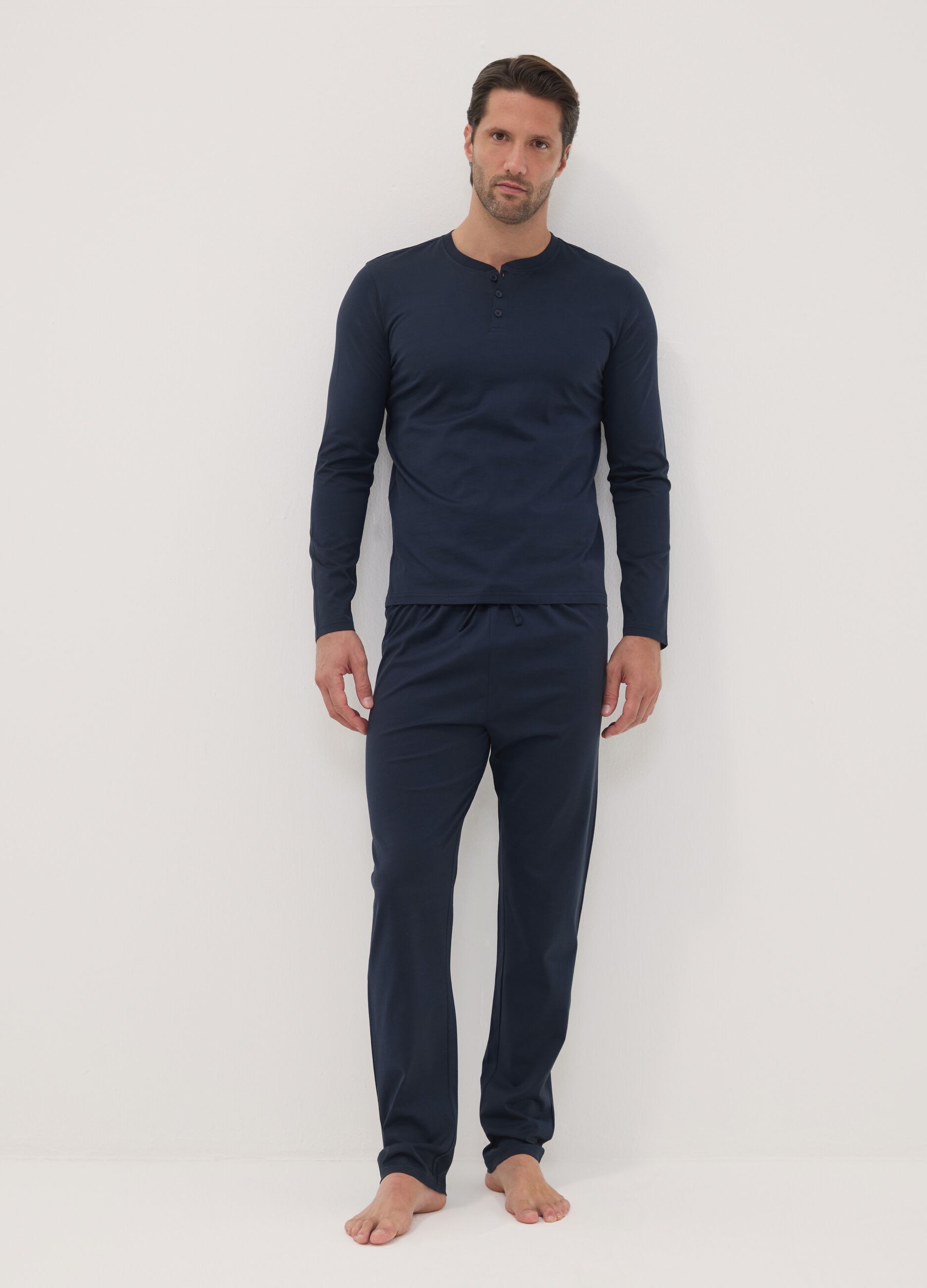Blue pure organic cotton pyjamas with Henley neckline, regular fit