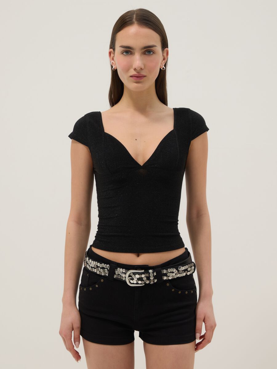 Schwarzes Regular-Fit-T-Shirt aus elastischem Viskosemix mit V-Ausschnitt_1