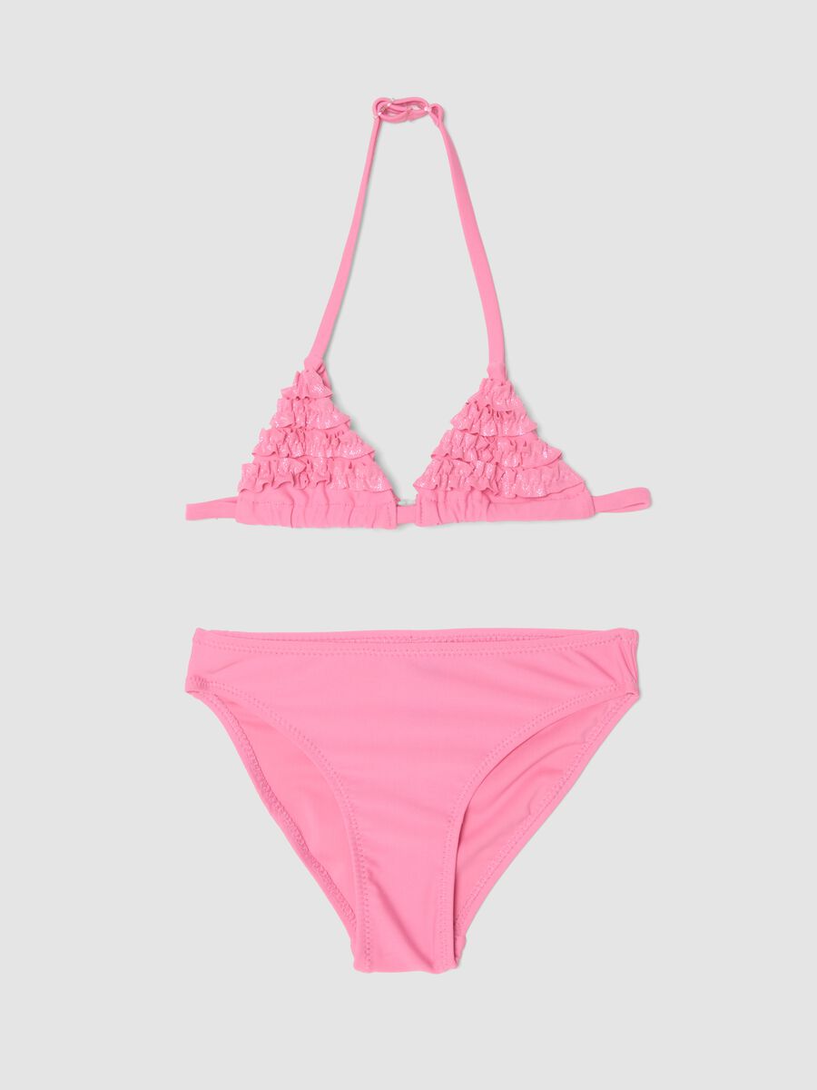 Pink triangle bikini in stretch fabric with frills_0