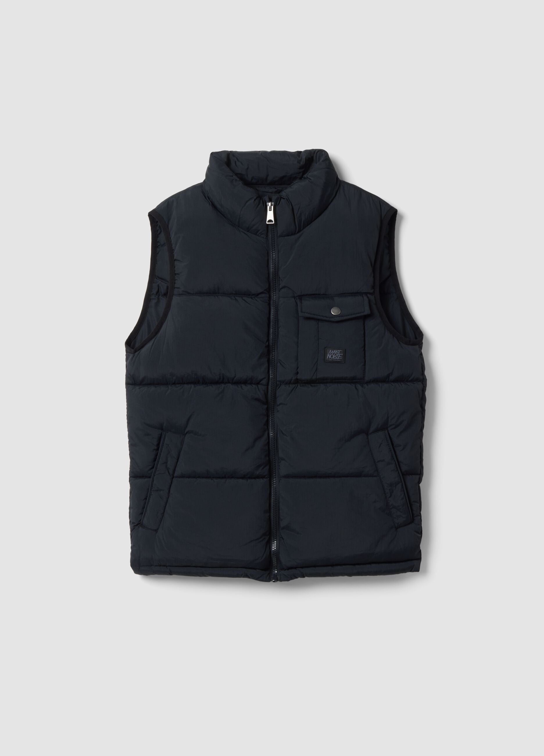 Black water-repellent padded gilet with zip and high neck for boys