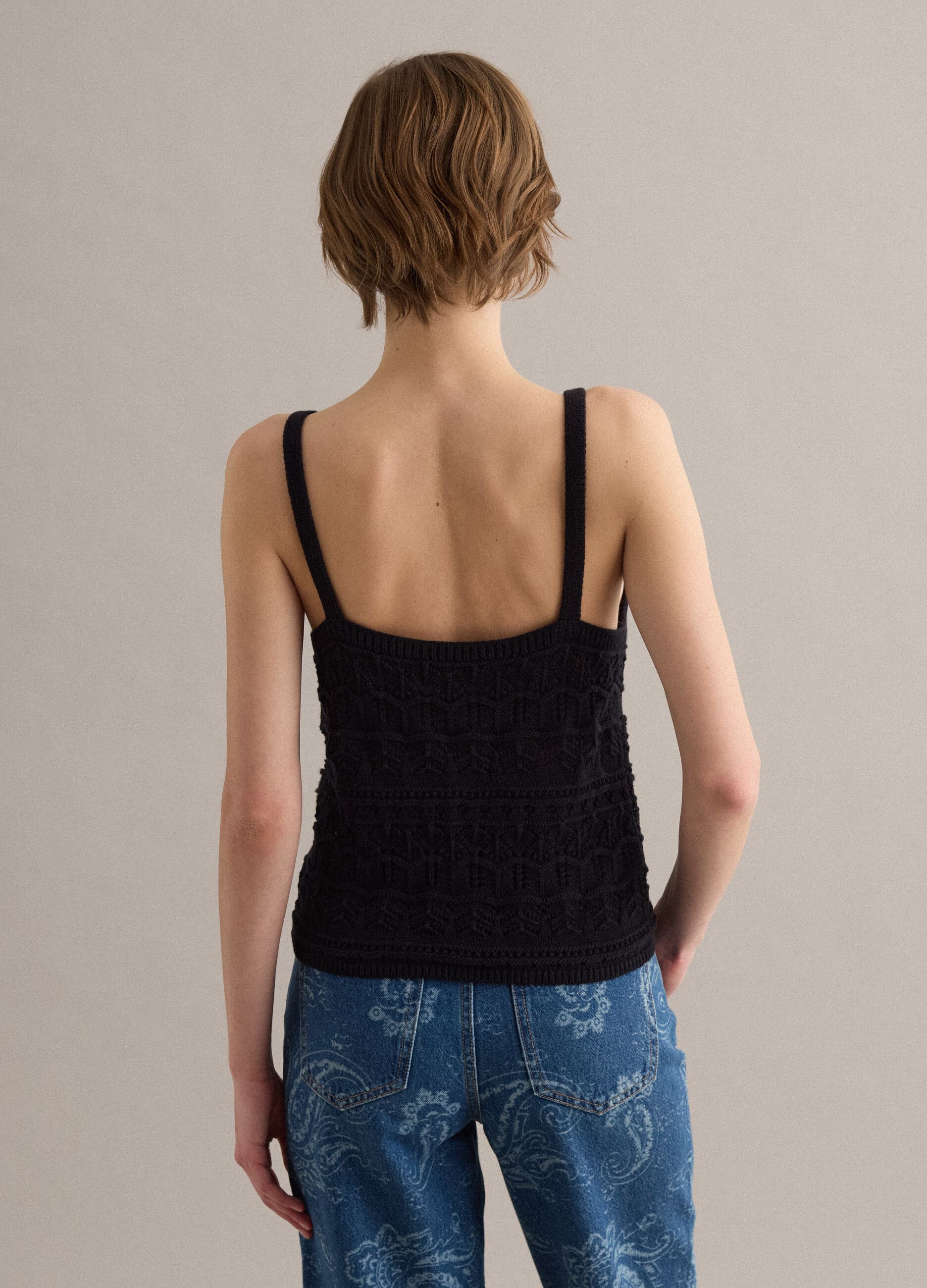 Black pure cotton regular-fit vest top with open-knit texture