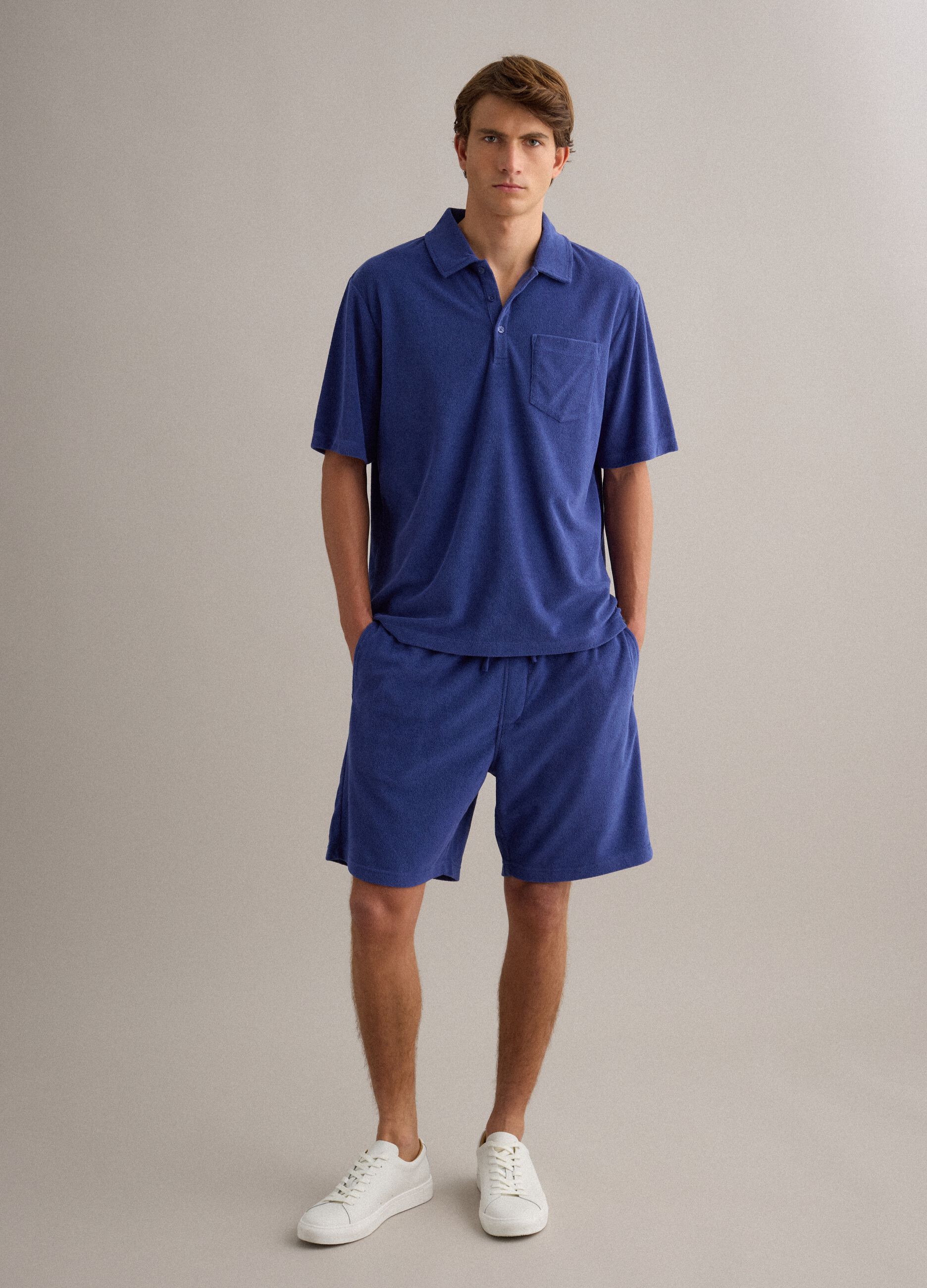 Blue cotton-blend bermuda shorts with elasticated waist