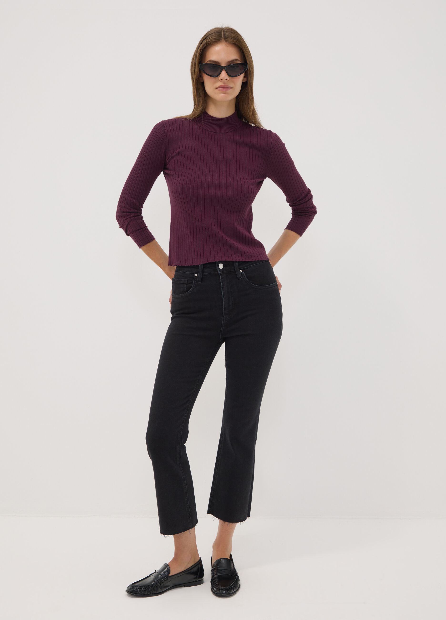 Purple ribbed viscose-blend top with high neck