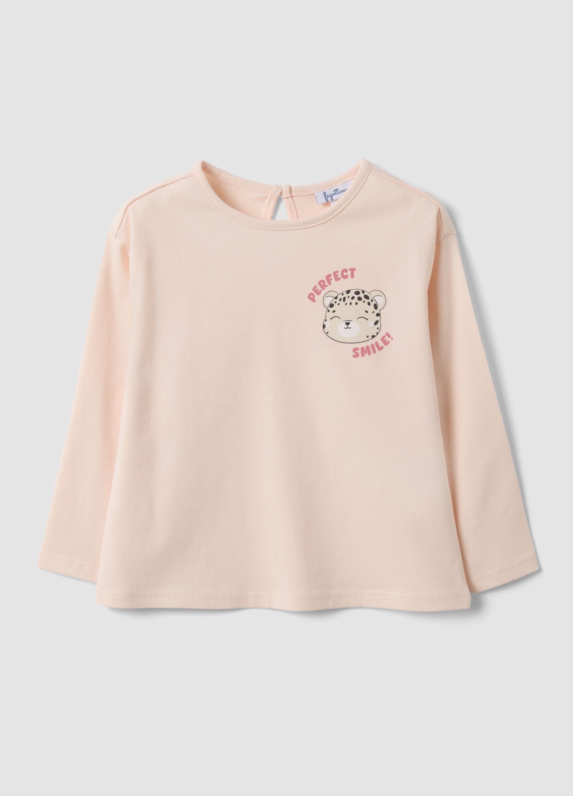 Orange organic cotton T-shirt with leopard print for baby girl