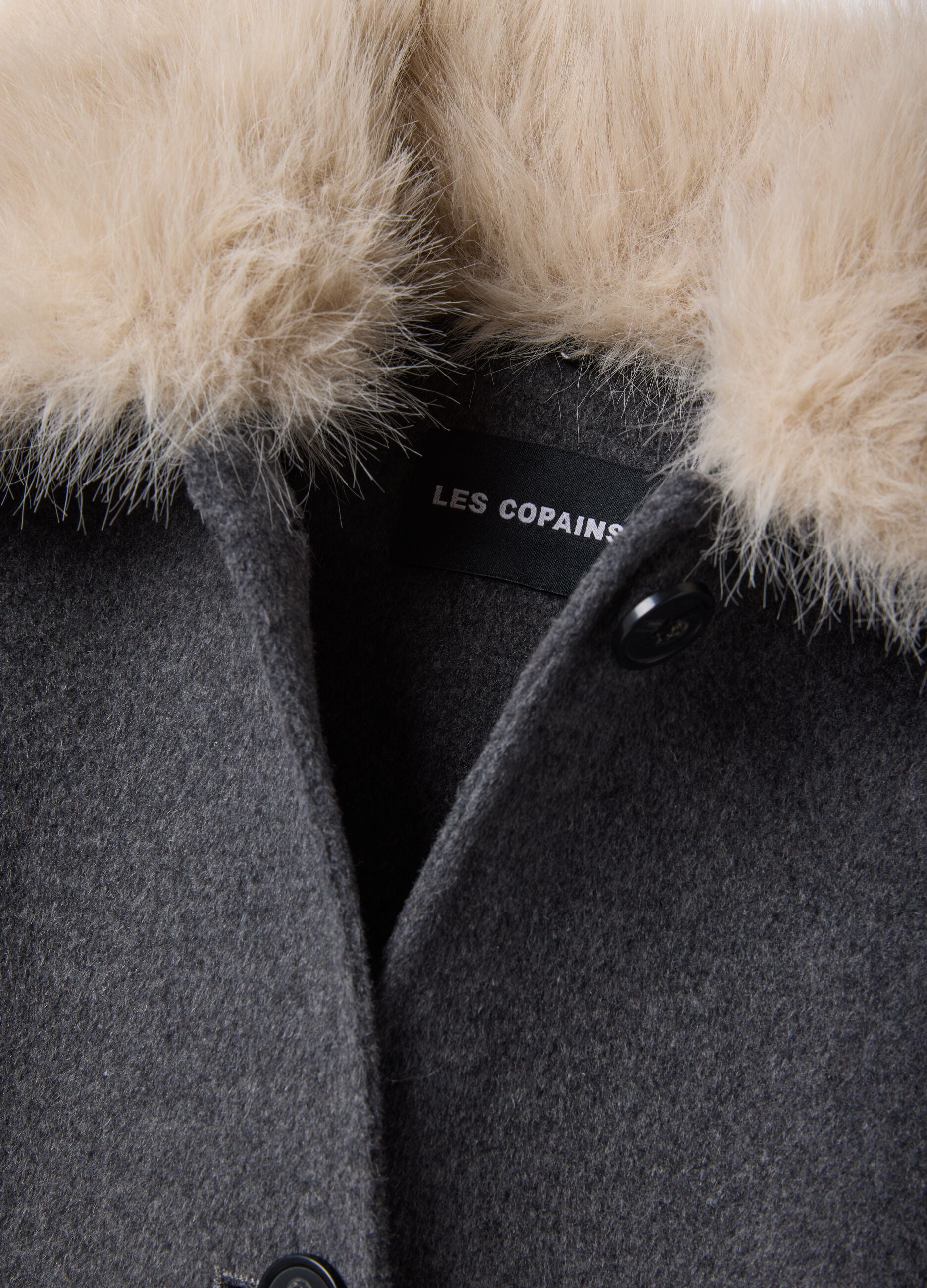 Grey wool and viscose-blend shacket with faux-fur collar