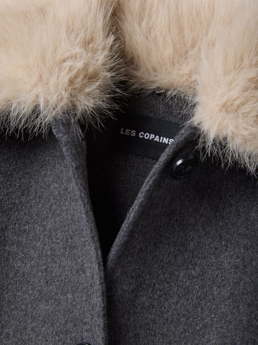 Grey wool and viscose-blend shacket with faux-fur collar_1