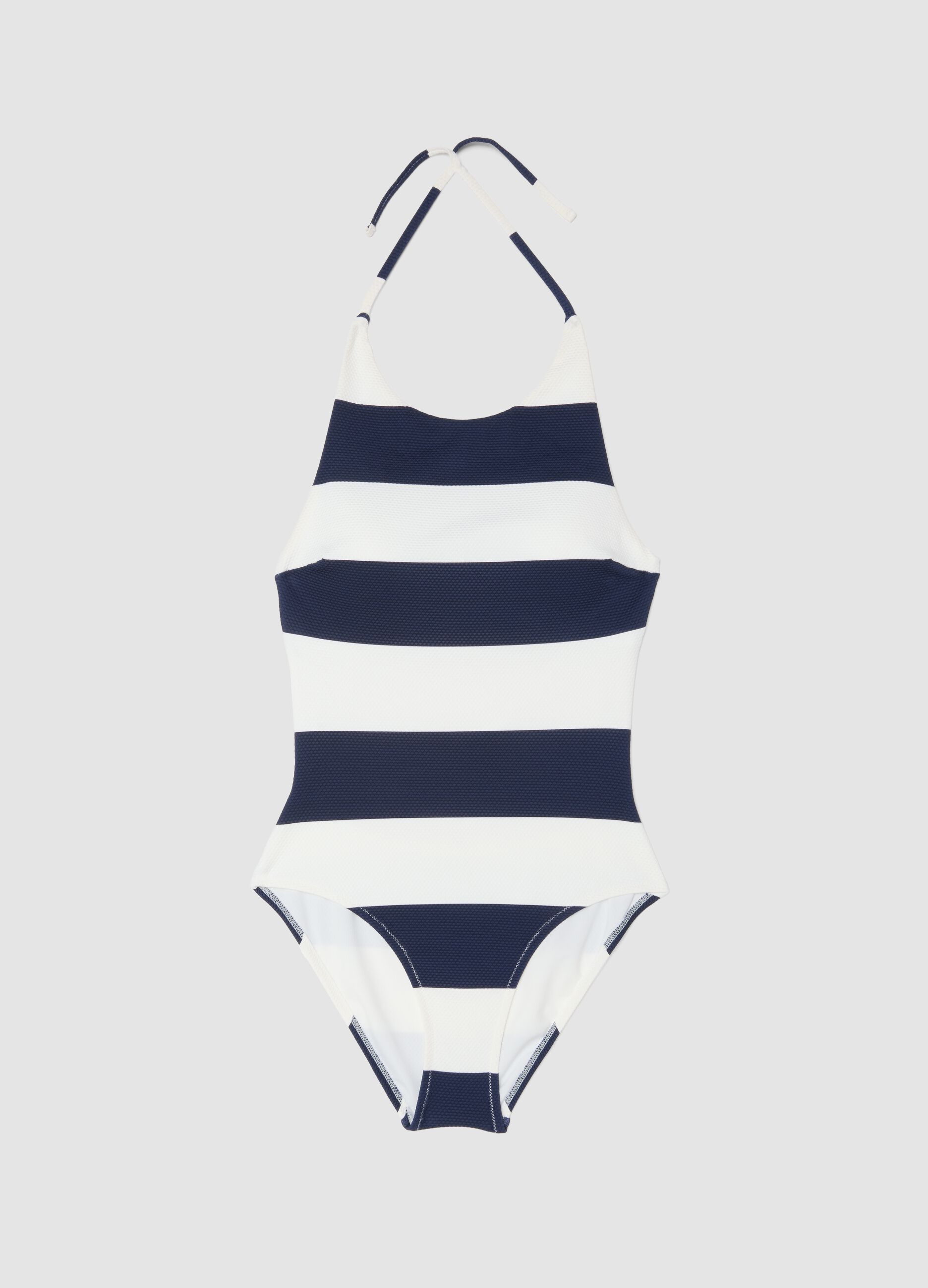 Blue and white striped stretch swimsuit
