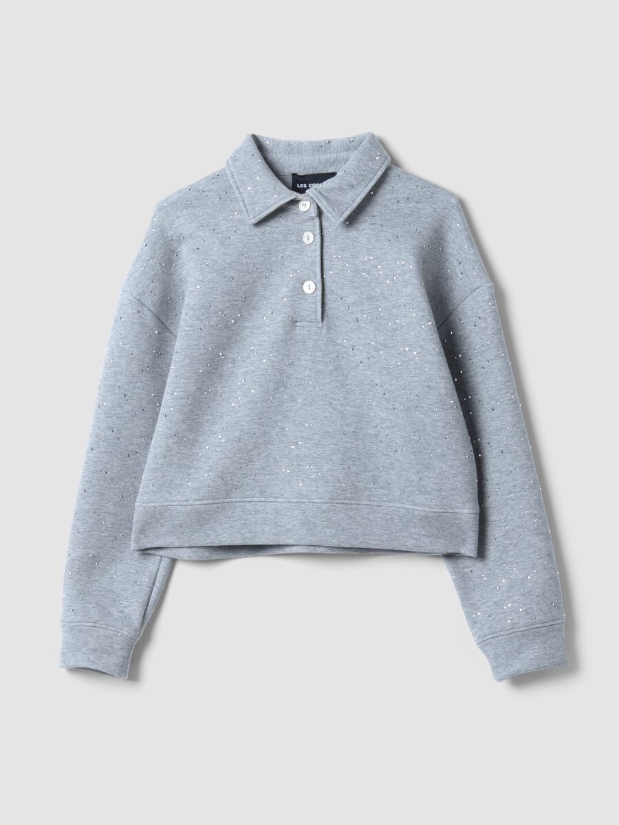 Grey cotton-blend polo with all-over rhinestones, regular fit_4