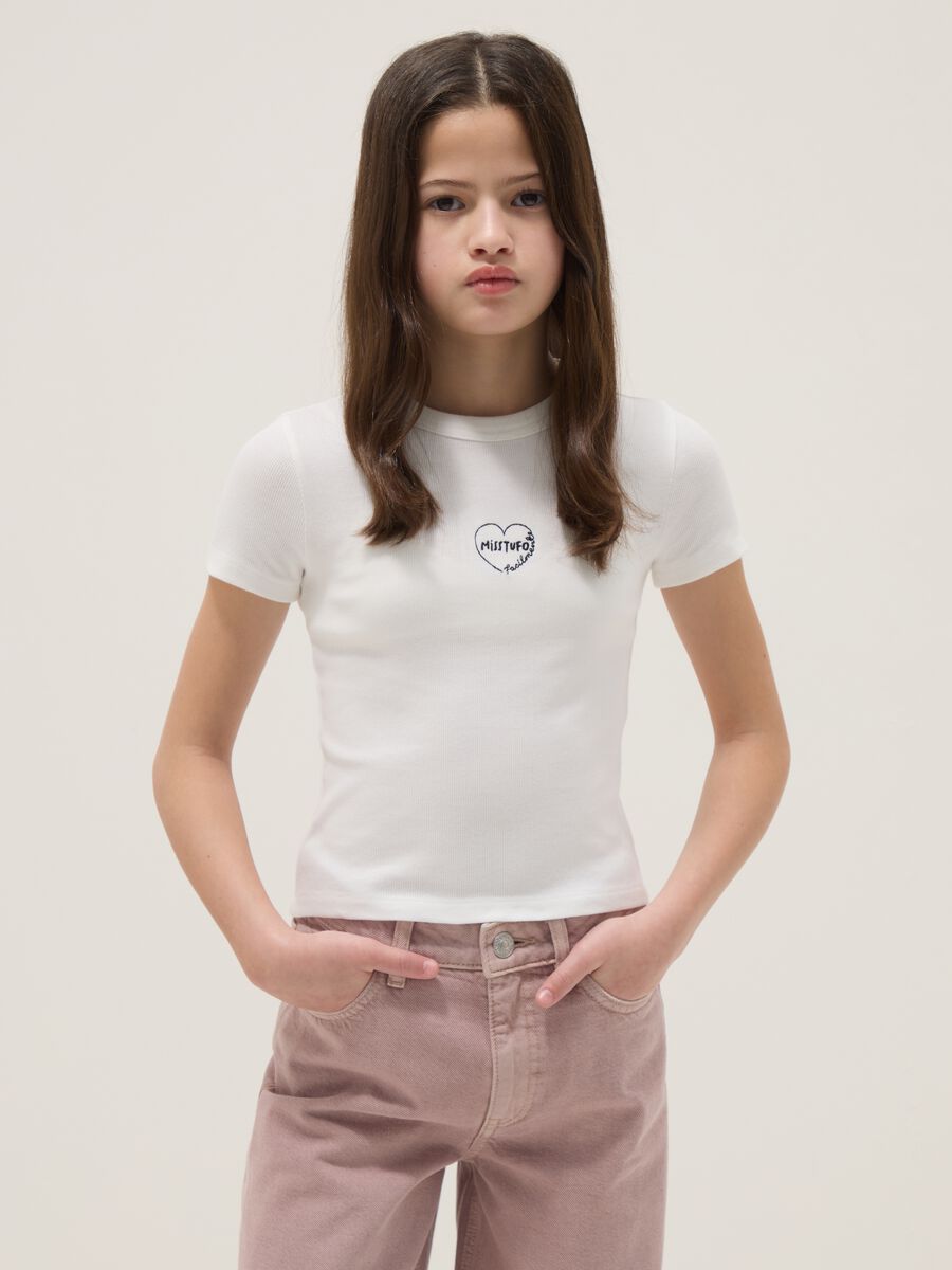 Girl's white fitted stretch cotton t-shirt with slogan_0