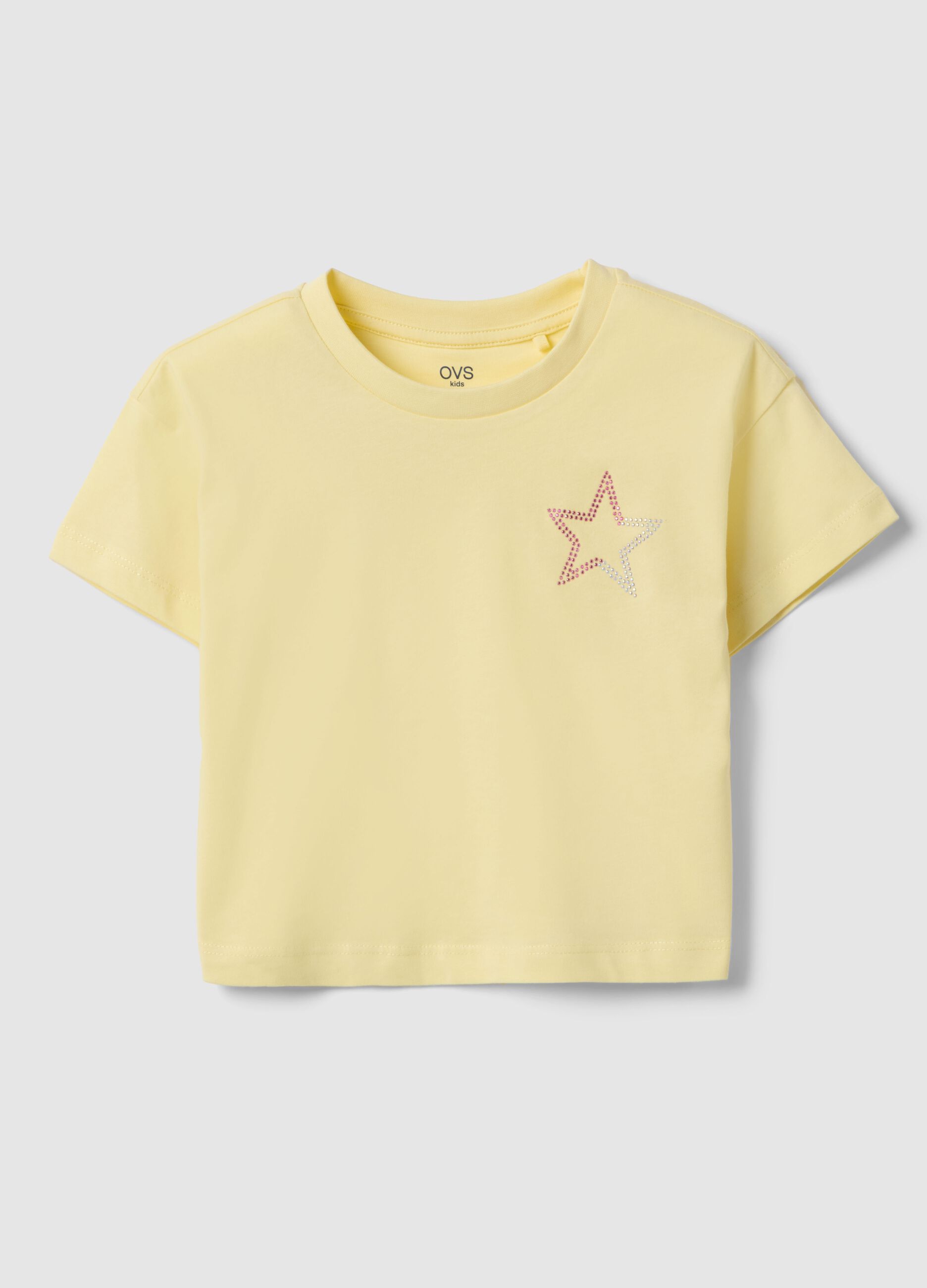 T-shirt amarela de puro algod&atilde;o para menina, corte boxy com estrela