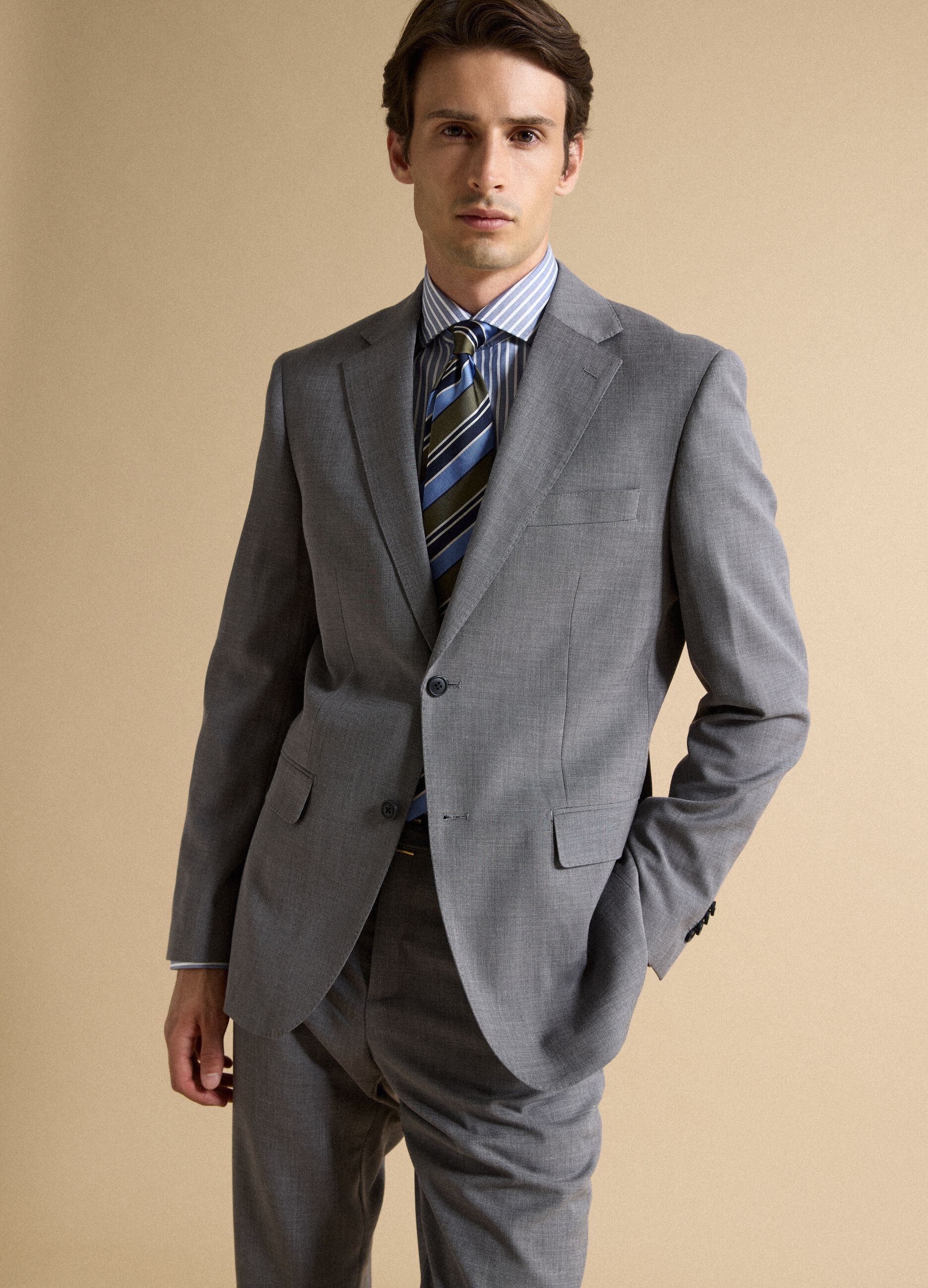 Blazer grigio in viscosa elasticizzata slim fit con rever classico