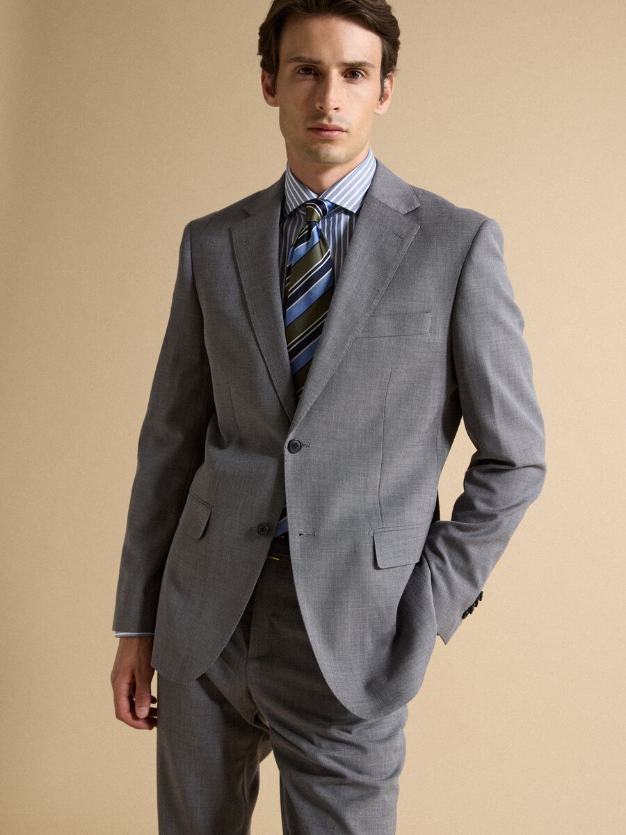 Blazer grigio in viscosa elasticizzata slim fit con rever classico_0
