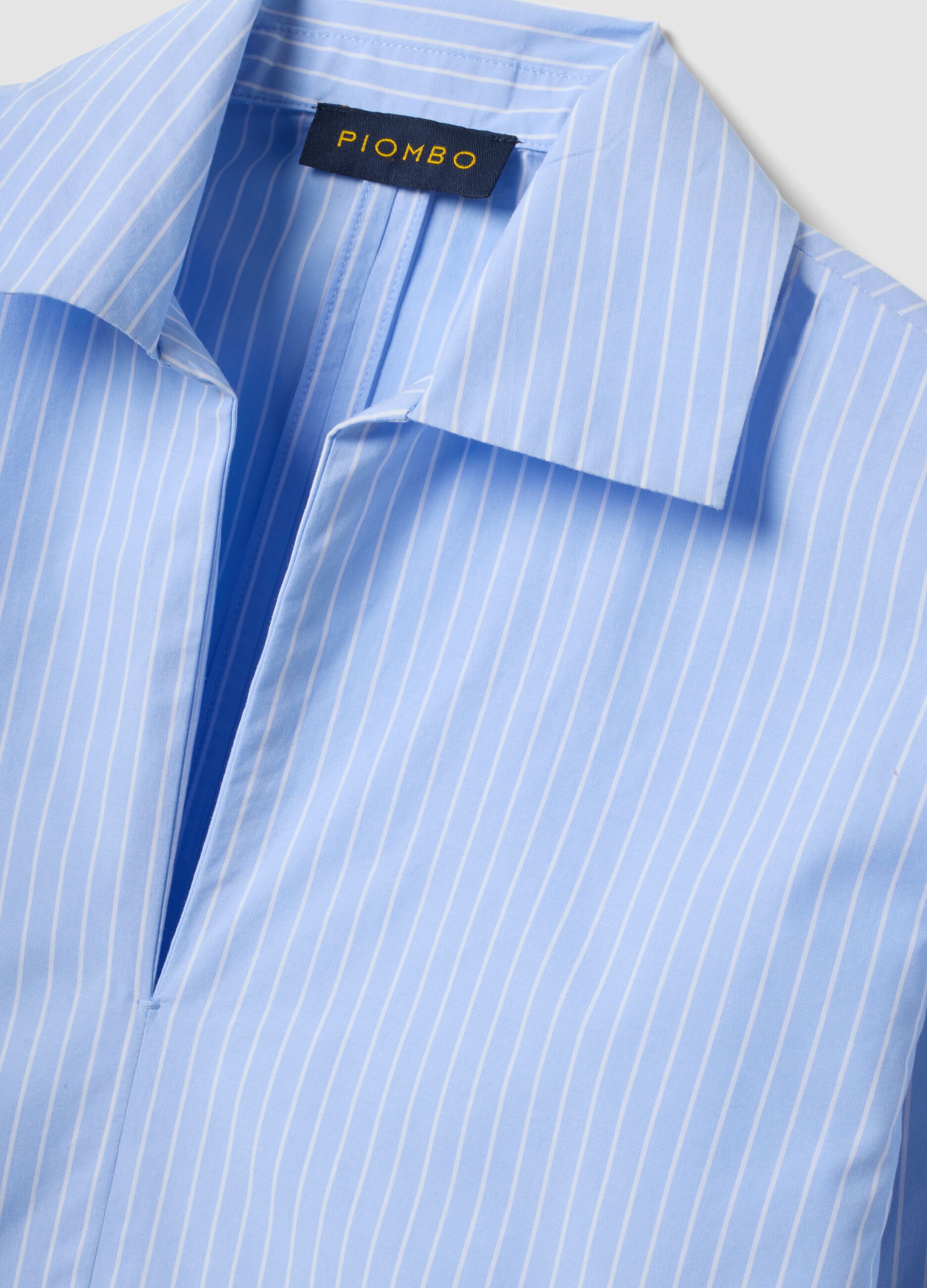 Blue striped pure cotton poplin shirt with V-neck