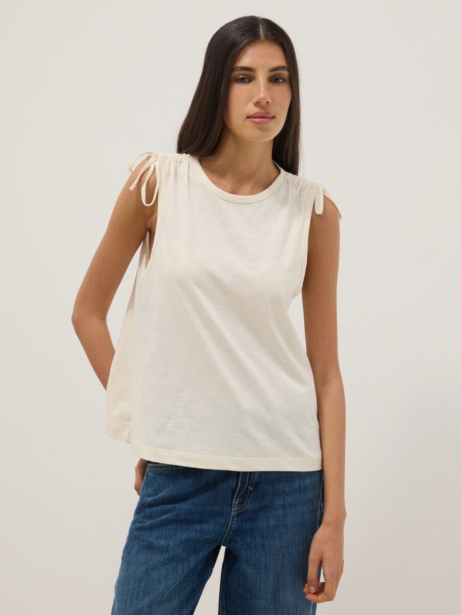 Beige pure cotton top with shoulder ties_3