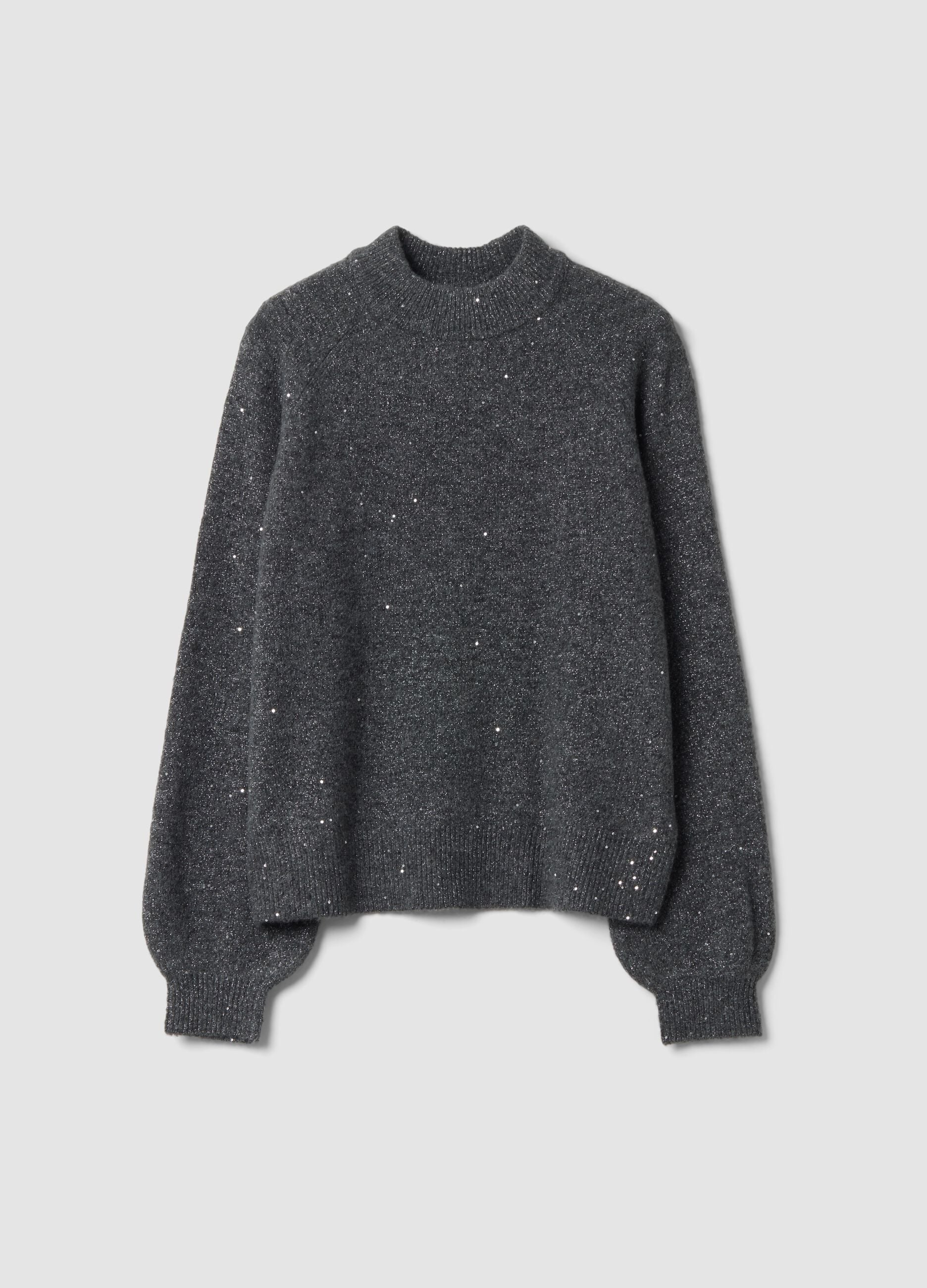 Grey marl stretch top with high neck and sequins