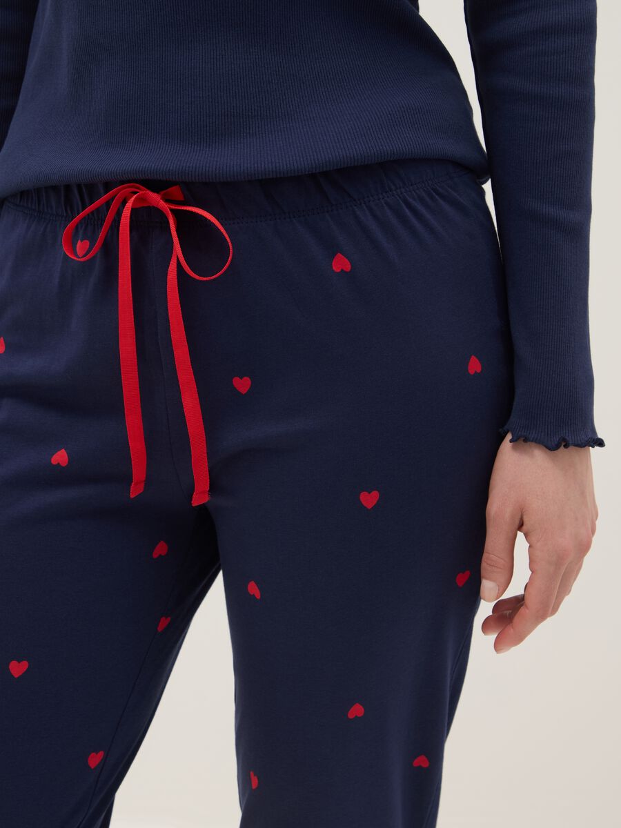 Blue pure cotton regular fit pyjama trousers with little hearts_3