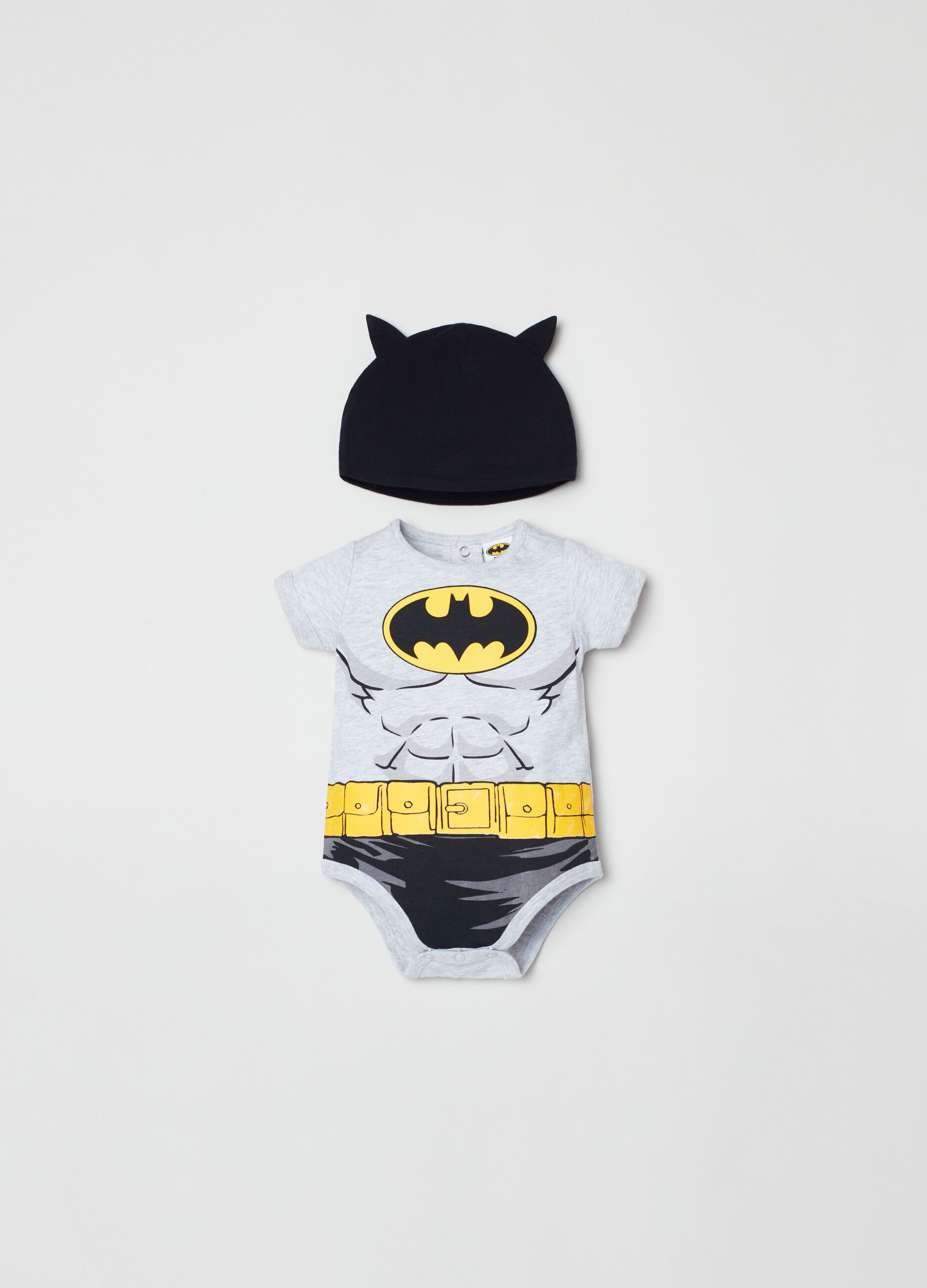 Cotton bodysuit and hat set with Batman print