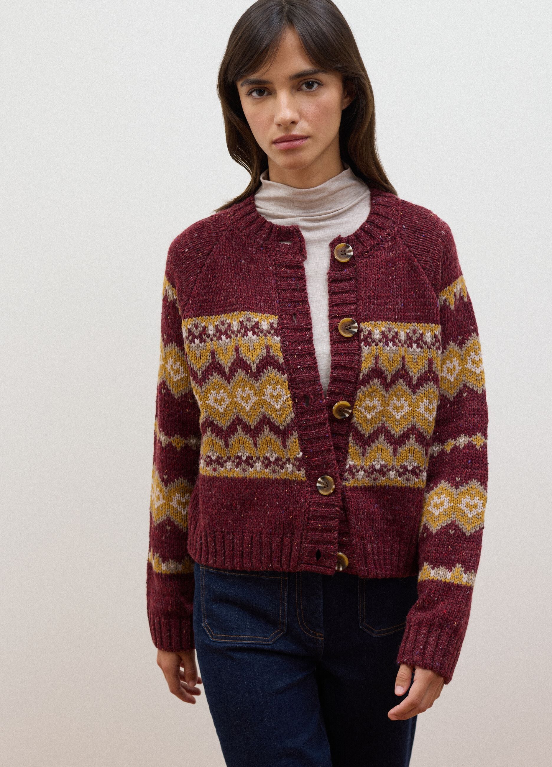 Red crew-neck jacquard wool-blend cardigan, regular fit