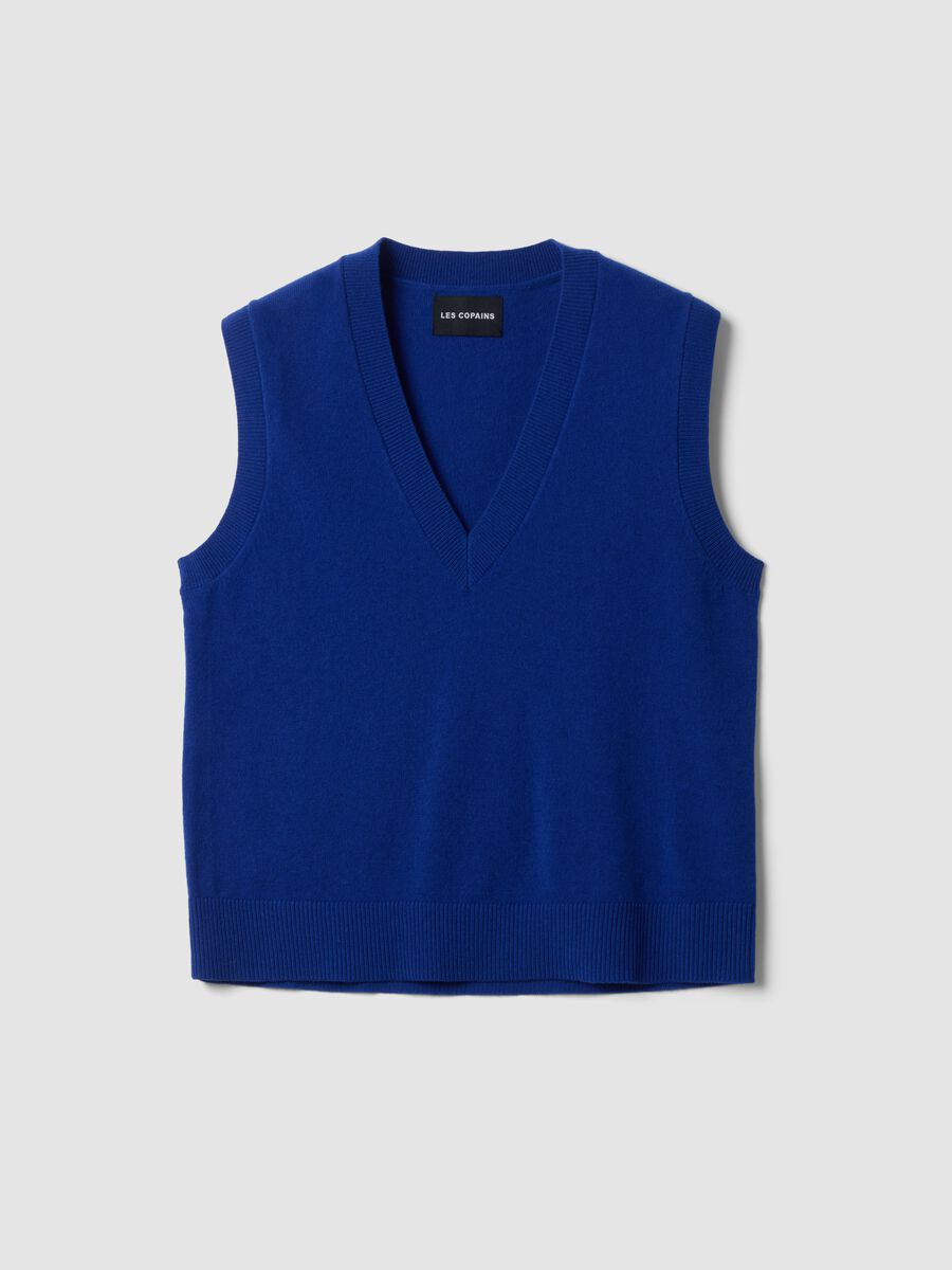 Blauer Gilet aus reiner Wolle mit tiefem V-Ausschnitt_0