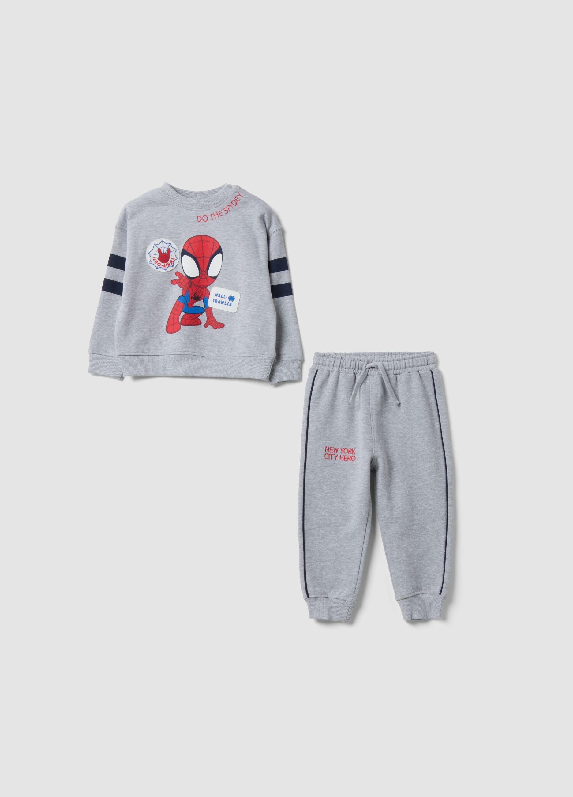 Grey oversized cotton jogging set with Spidey print for baby boy