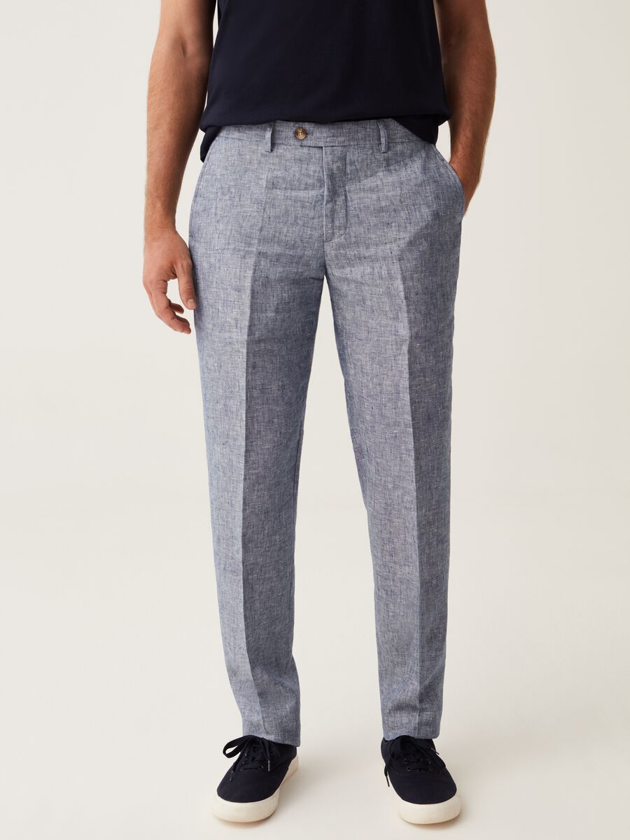 Pantalone slim fit in lino blu chambray_1