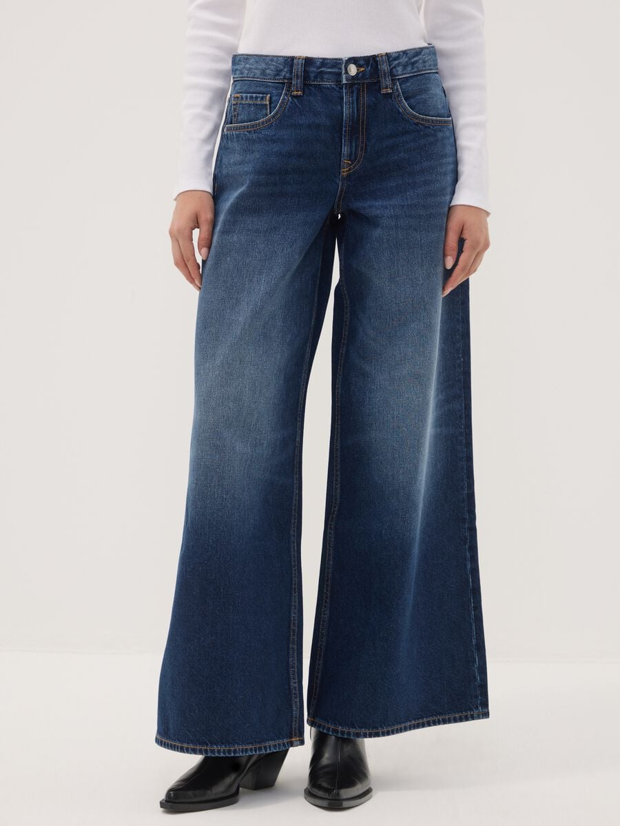 Blue pure cotton super wide-leg jeans_1