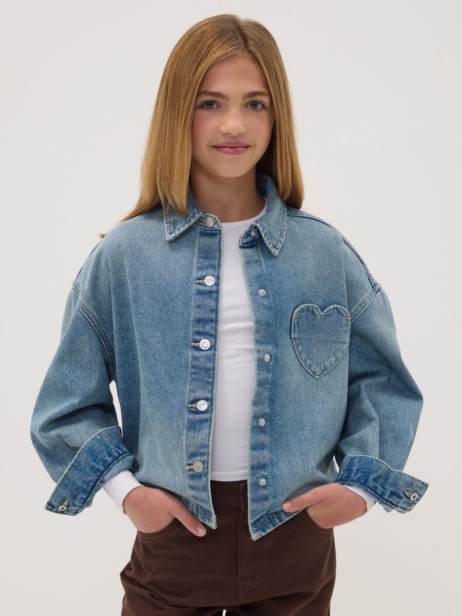 Blue cotton-viscose blend denim shirt with heart pocket, regular fit_0