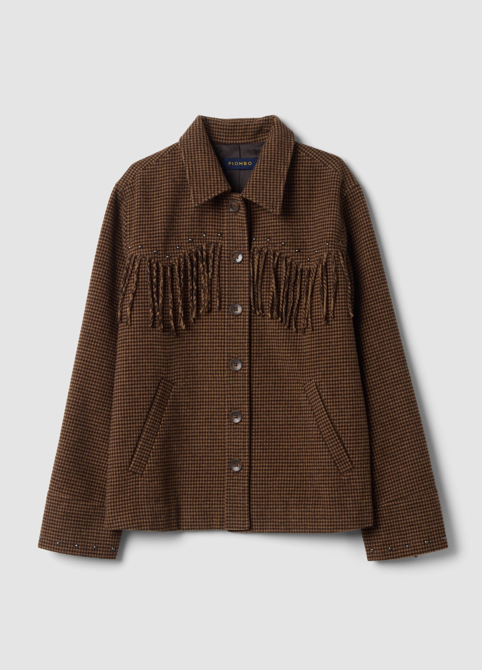 Blazer marrone in misto lana e viscosa con frange applicate