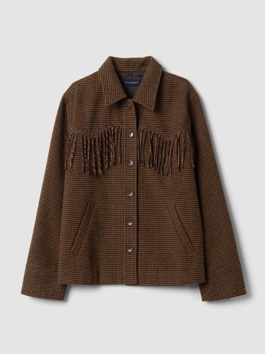 Blazer marrone in misto lana e viscosa con frange applicate_4