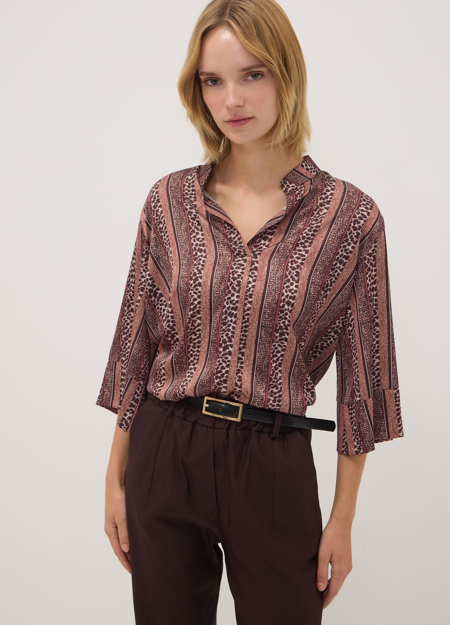 Brown regular-fit striped print blouse