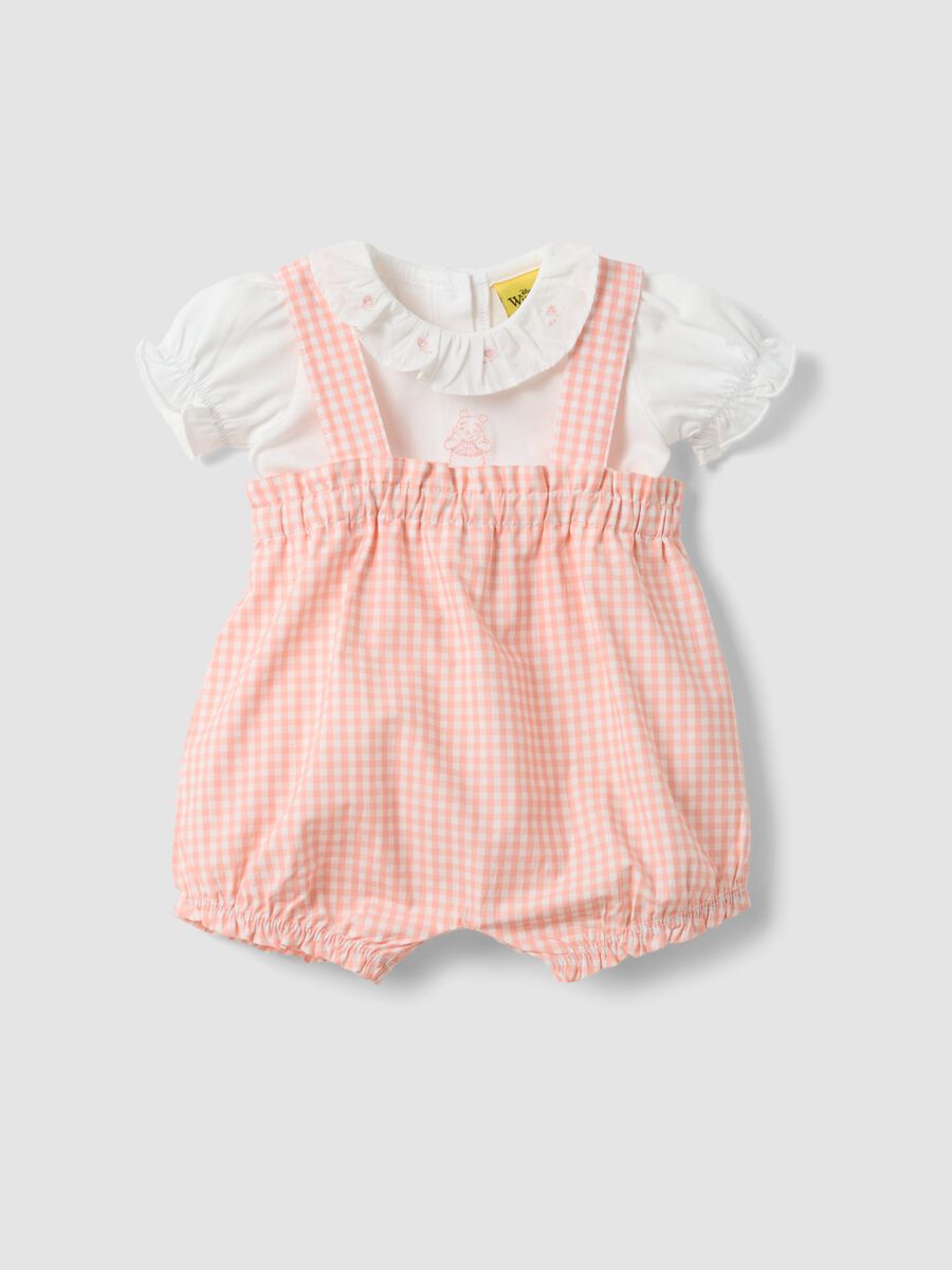 Pink and white organic cotton set with gingham romper_0