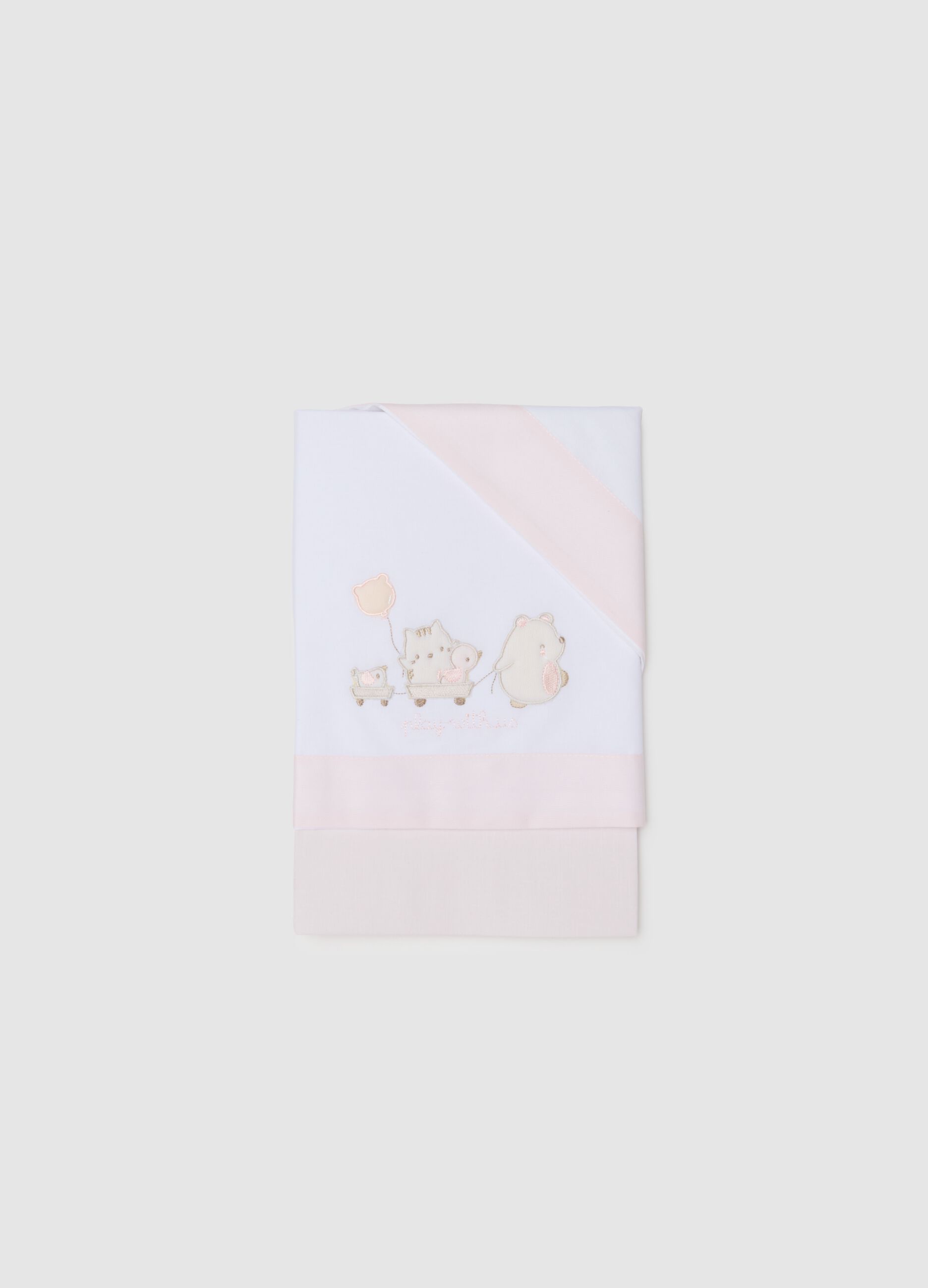 Pink and white cot bed sheet in pure cotton with embroidery