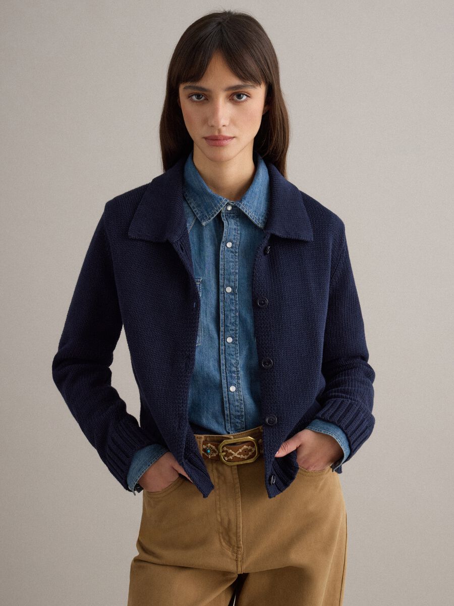 Blue cotton cardigan with polo collar, regular fit_1