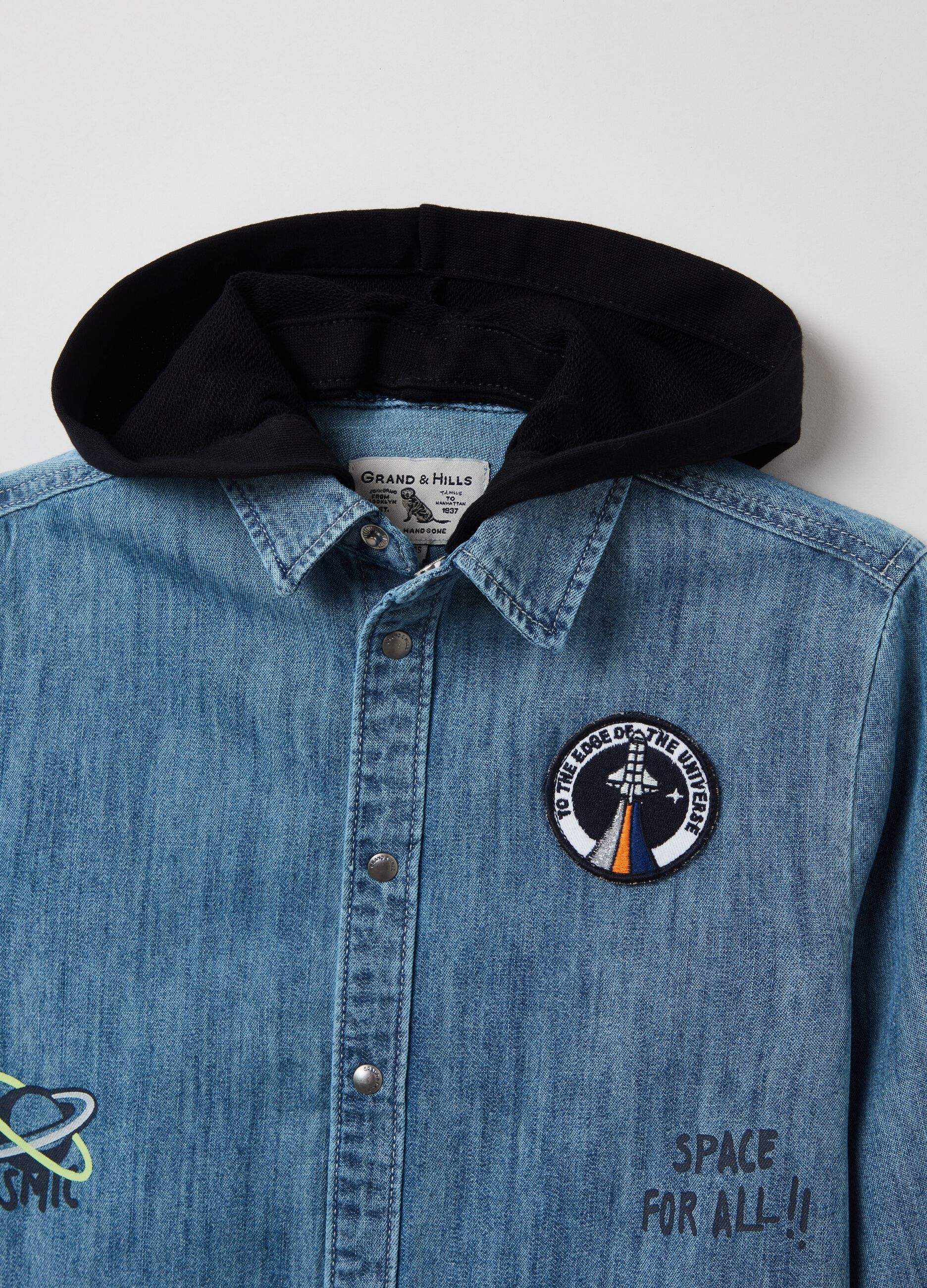 Denim shirt with hood and patches_2
