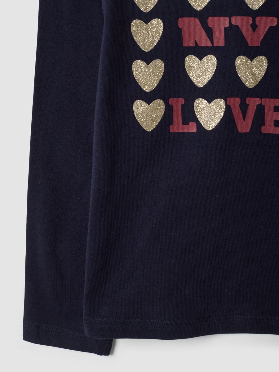 Blue pure organic cotton T-shirt with glitter heart print for girls_3