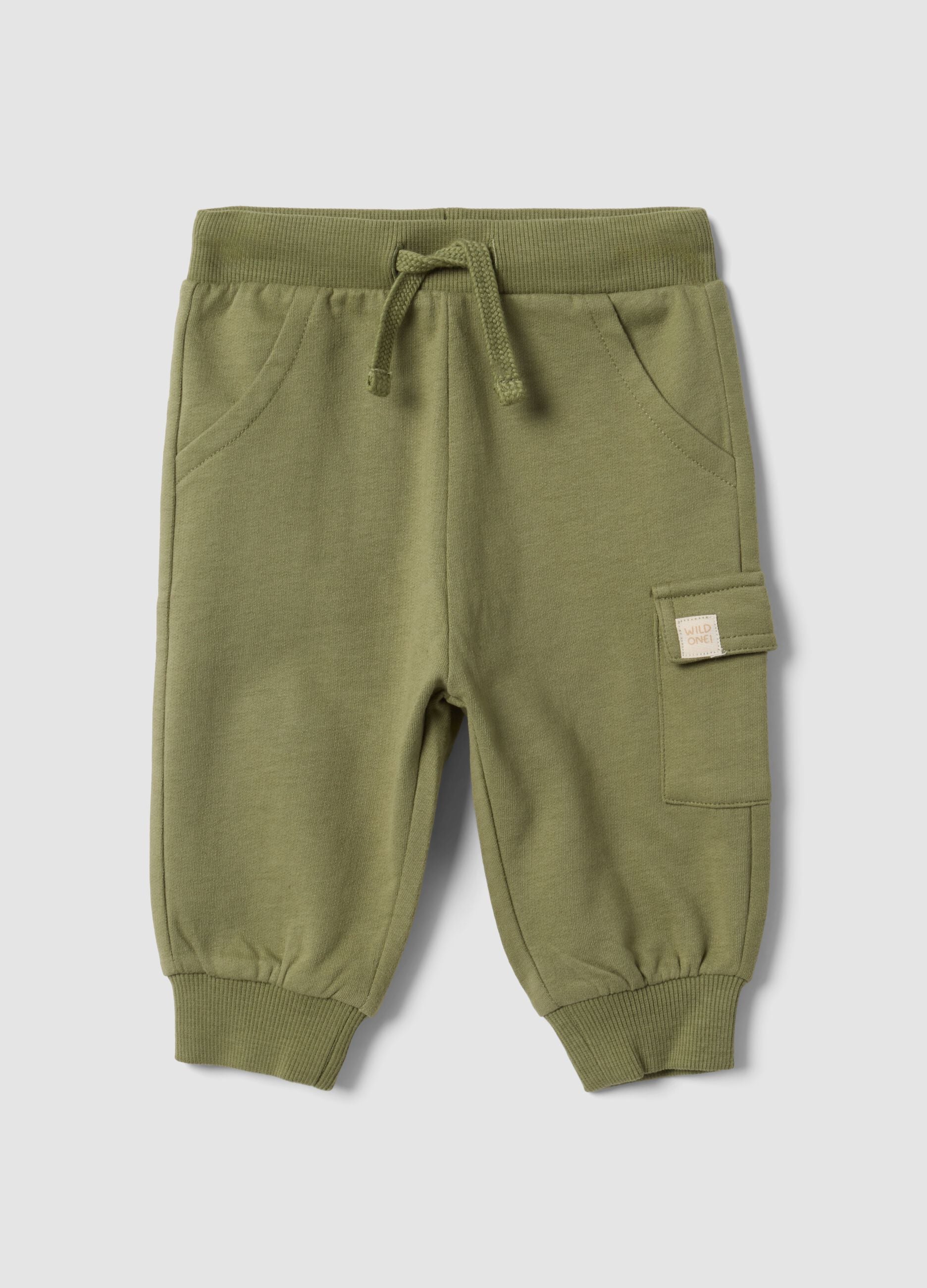 Green organic cotton cargo trousers with drawstring for baby