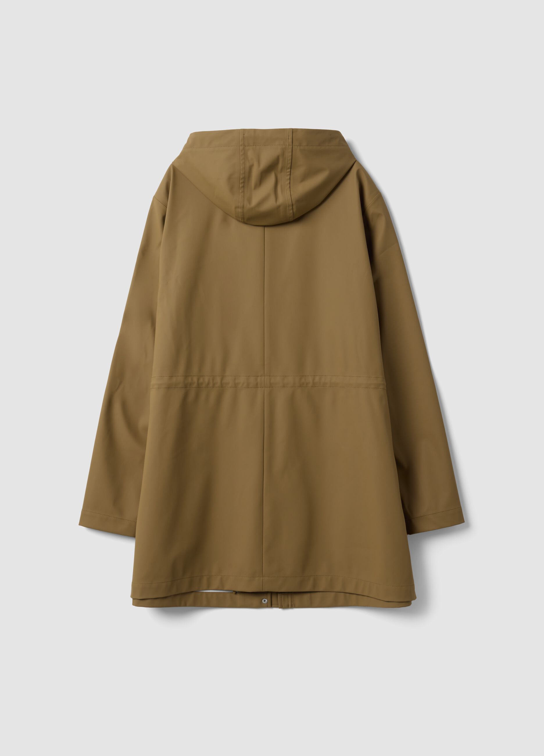 Brown rain jacket with hood, zip and snap-button fastening, regular fit