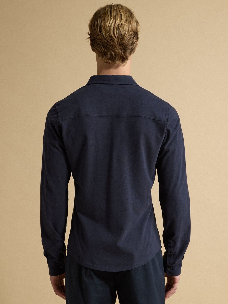 Blue long-sleeve pure cotton piqu&eacute; polo shirt, regular fit_3