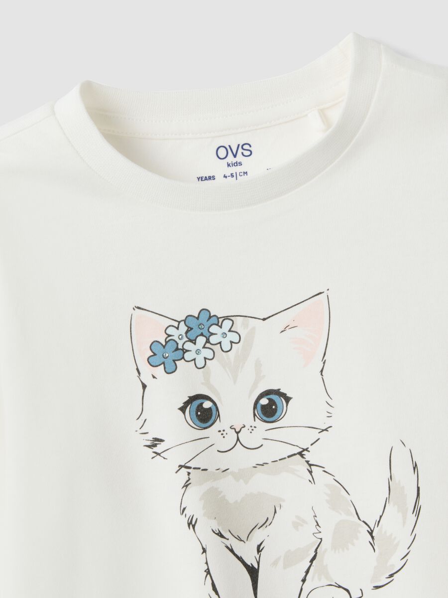 White organic cotton regular-fit T-shirt with kitten print_3
