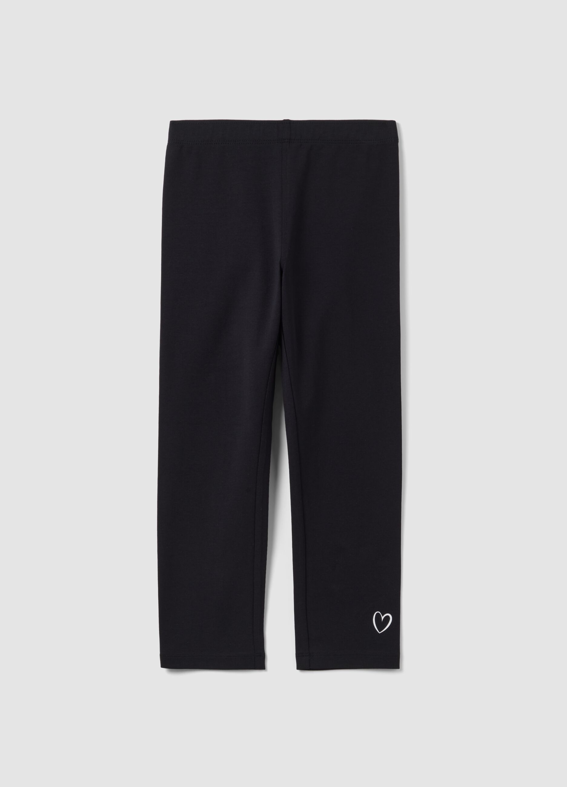 Girls' black stretch cotton slim fit leggings with heart detail