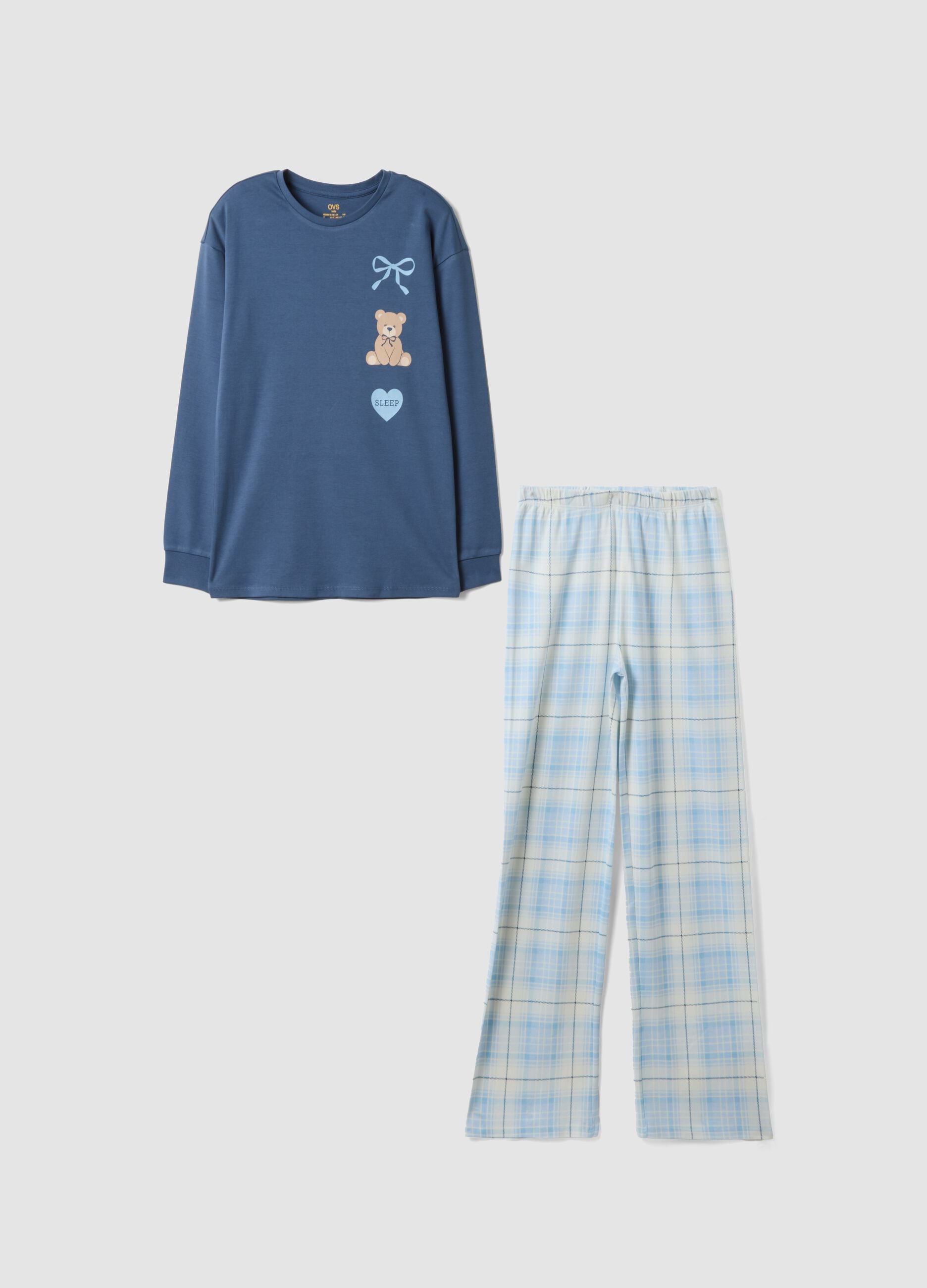 Blauer Pyjama aus reiner Bio-Baumwolle mit Teddyb&auml;r f&uuml;r M&auml;dchen