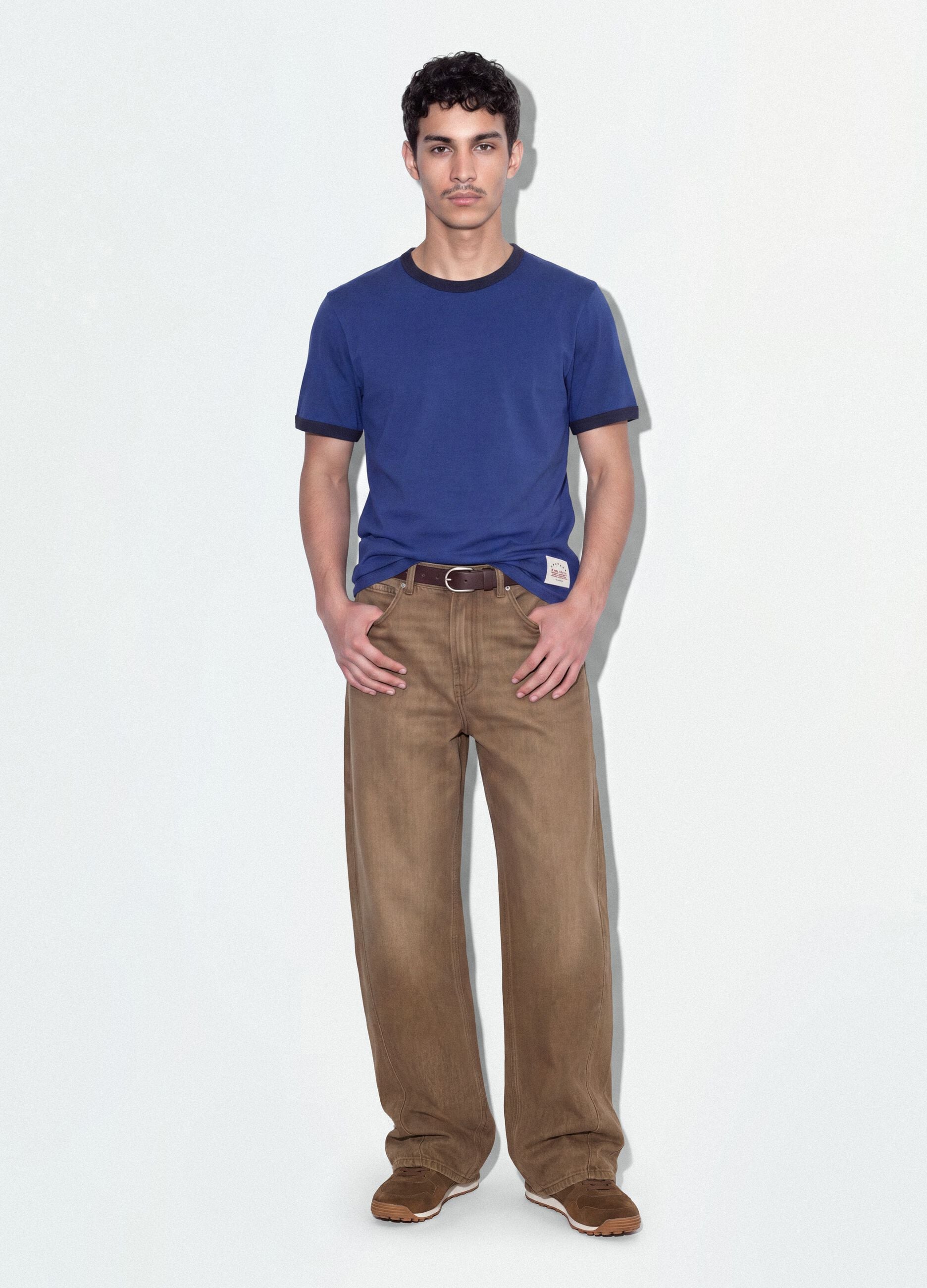 Blue fitted pure cotton T-shirt with contrast trims