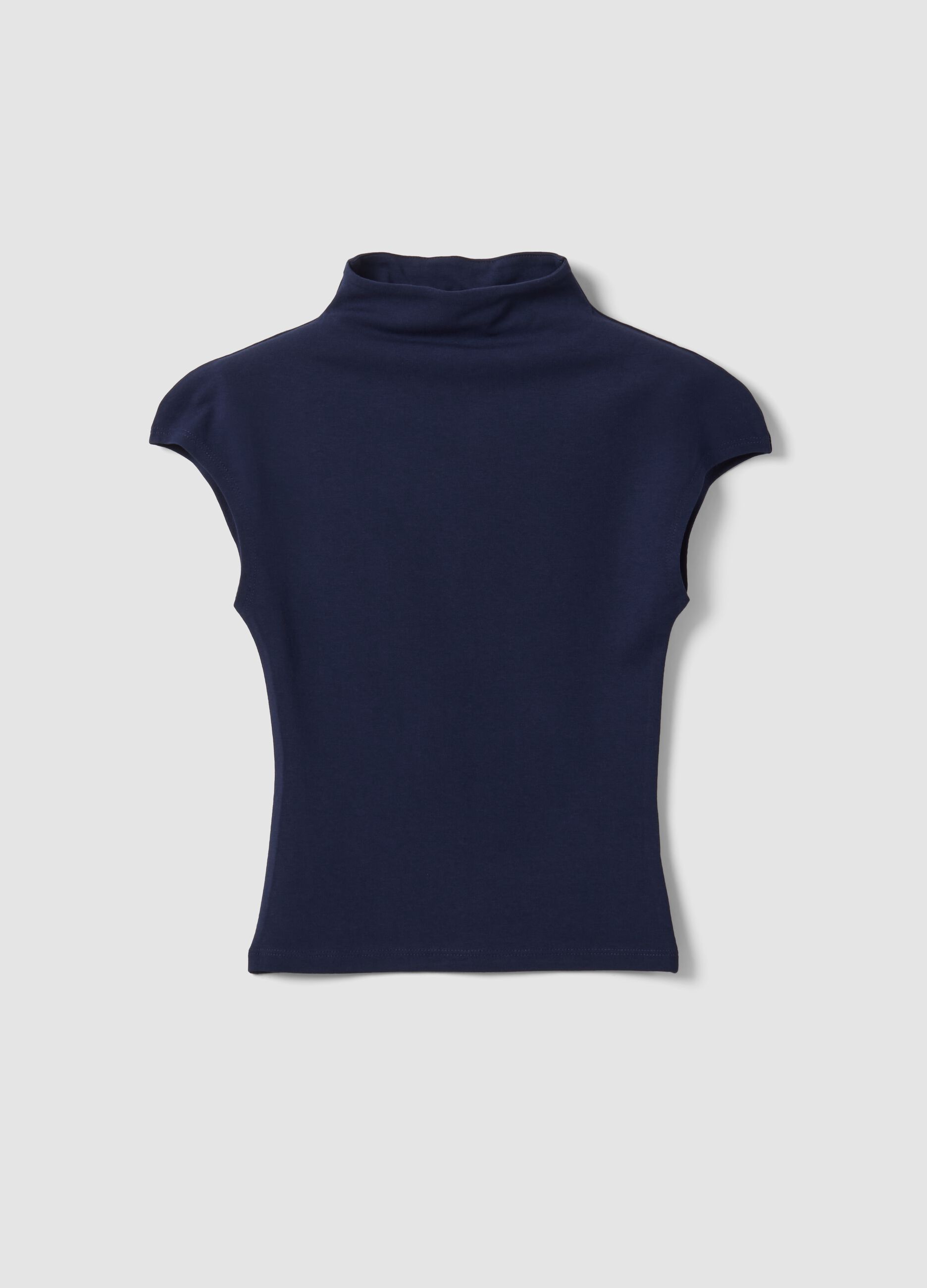 Blue fitted high-neck T-shirt in modal and stretch cotton