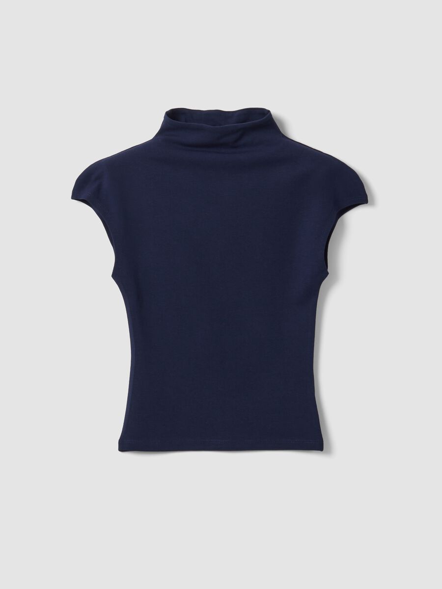 Blue fitted modal and stretch cotton T-shirt with raised neckline_4
