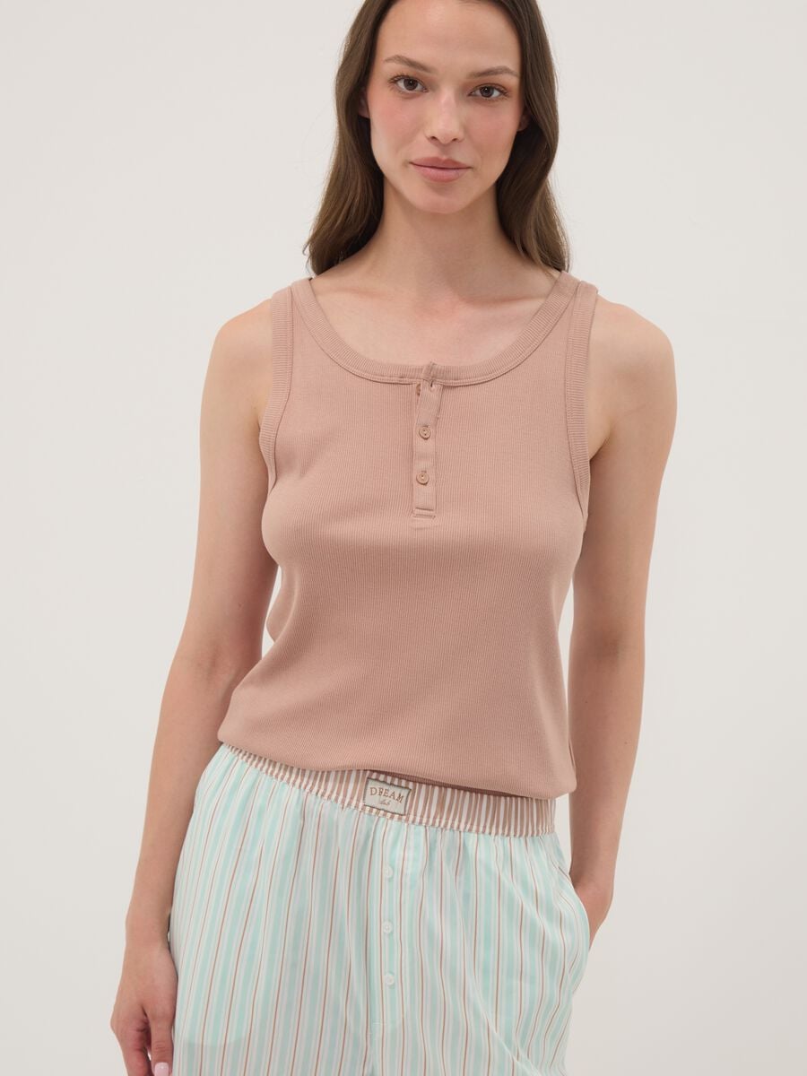 Beige ribbed cotton and viscose blend henley vest top_0