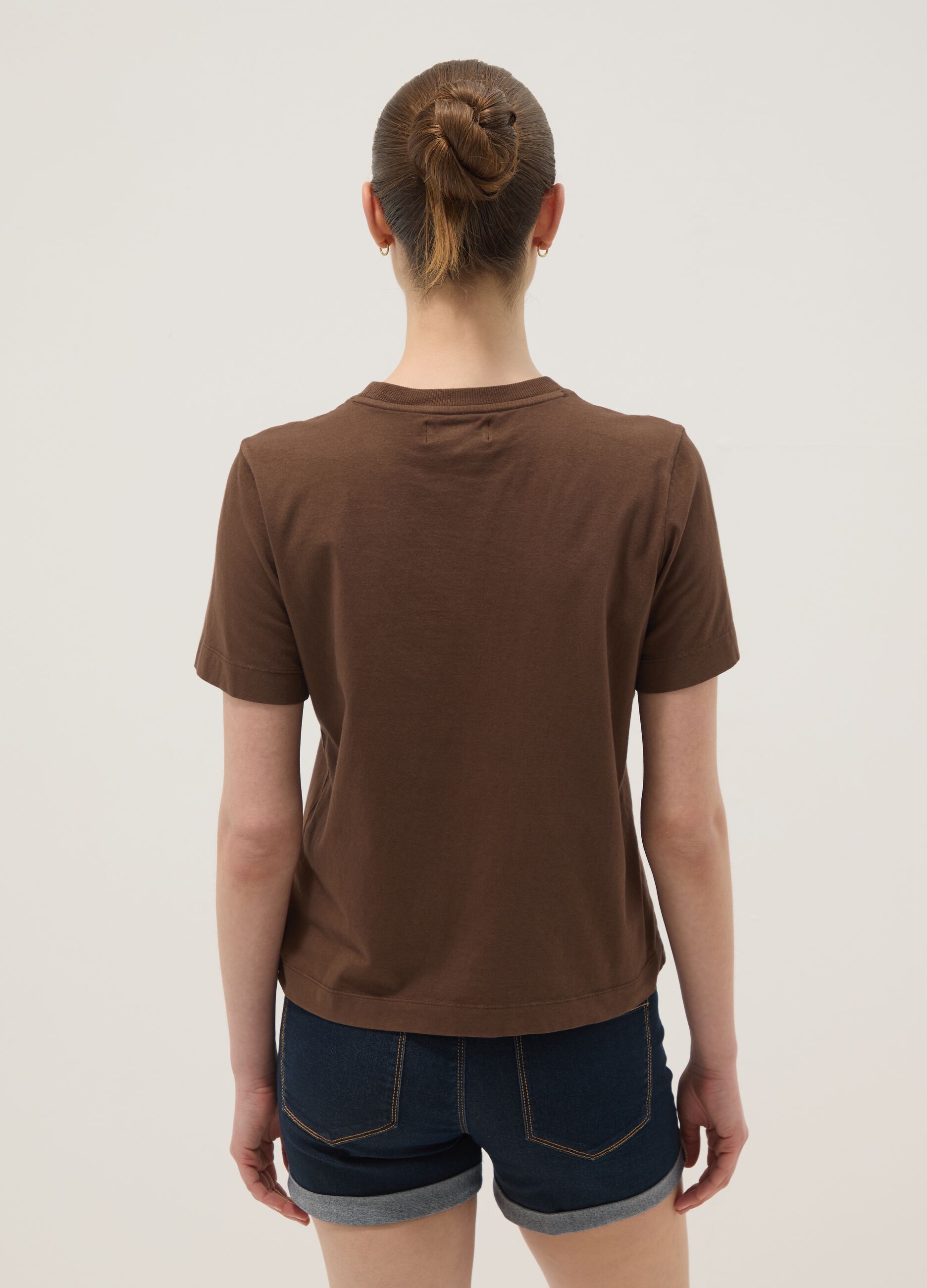 Brown short-sleeve pure cotton T-shirt, regular fit