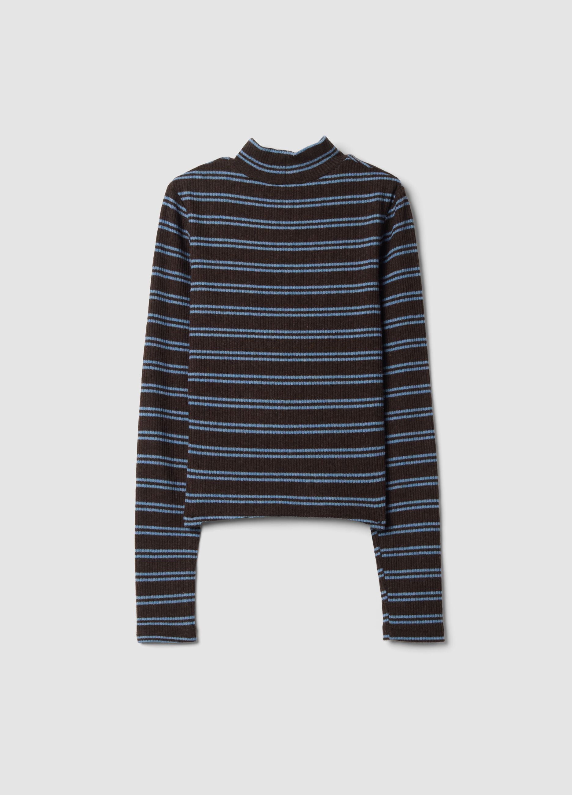 Brown striped stretch T-shirt with raised neck