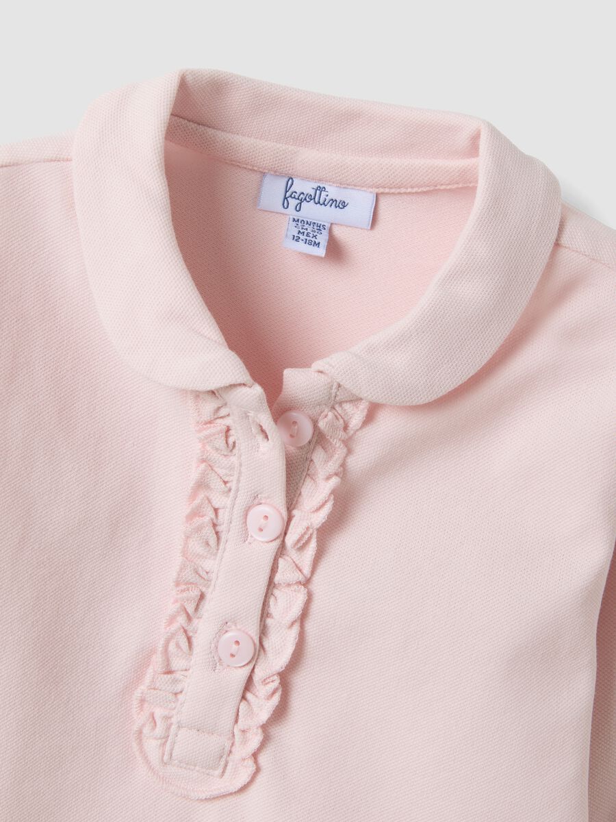 Pink stretch organic cotton polo shirt with ruffle details for baby girl_3